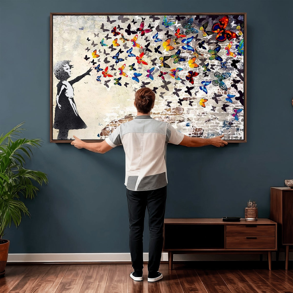 97895-MGV-CV-24X16 - Banksy Graffiti Wall Art Canvas Print, Girl Releasing Vibrant Butterflies