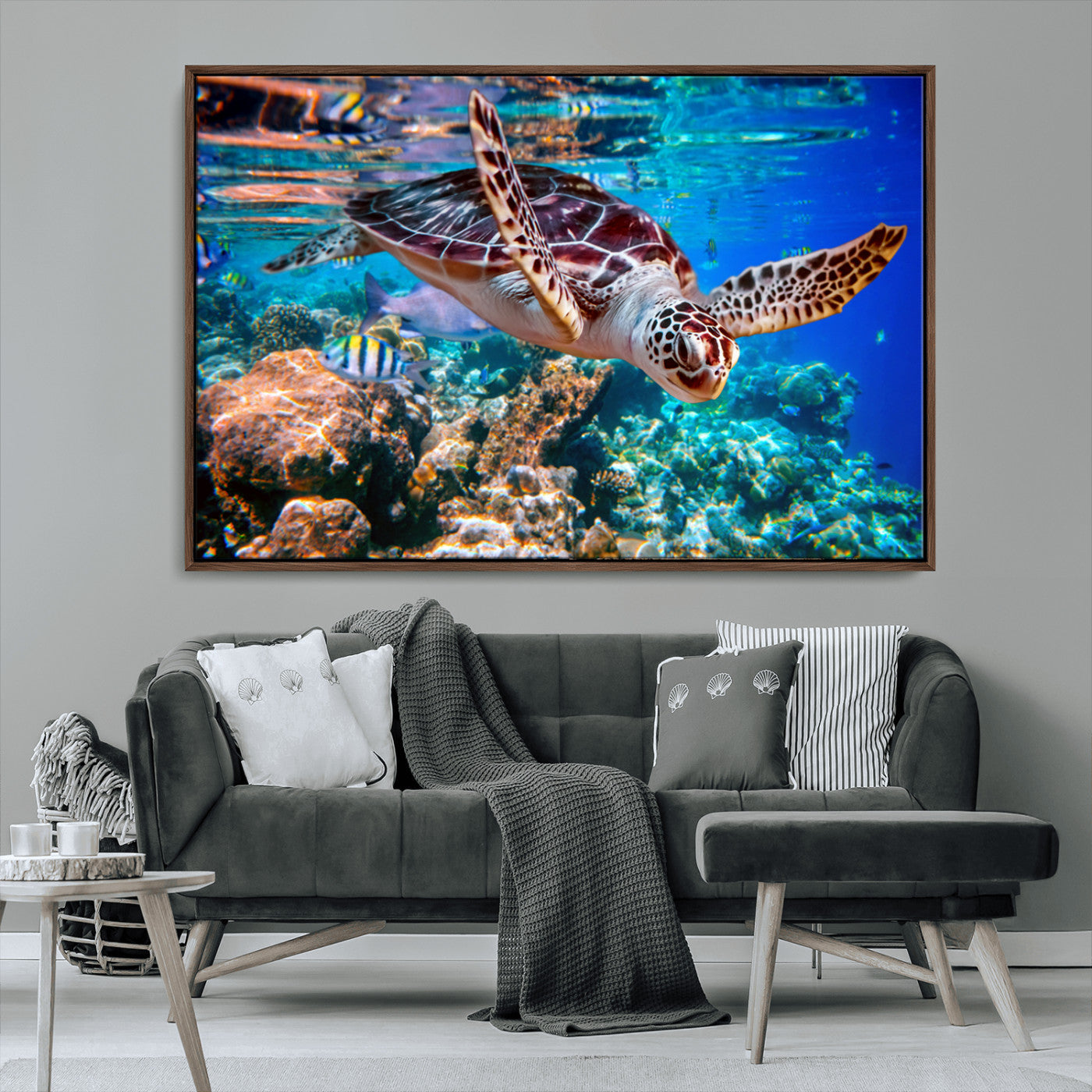 MGV-FC-36X24 - Underwater Coral Reef Sea Turtle Wall Art Canvas Print, Vibrant Marine Life | Colorful Ocean Scene