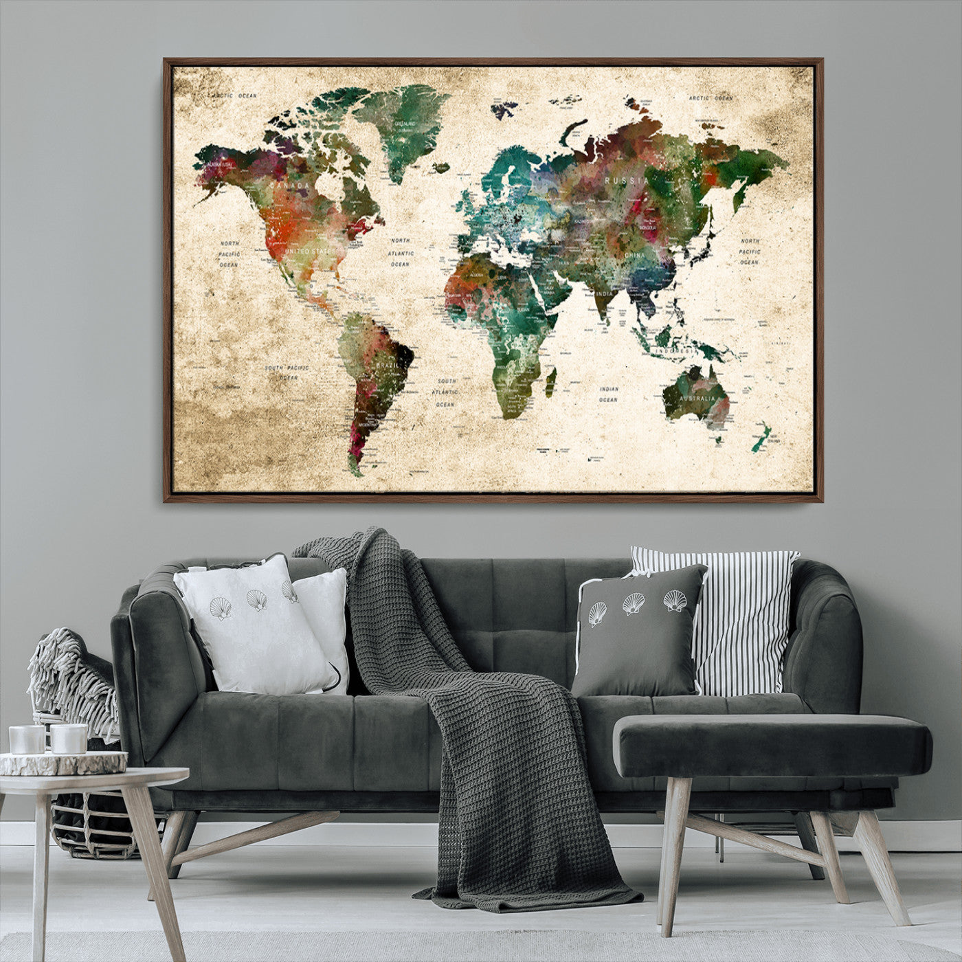 45128-MGV-CV-36X24-Push Pin World Map Canvas Print – Framed Wall Art for Couples to Track Their Travels – Anniversary Gift or Home Adventure Decor