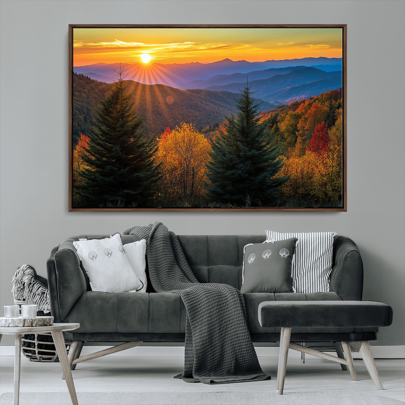 MGV-FC-36X24 - Golden Sunset Over Mountain Forest Canvas Wall Art Print - Warm Nature-Inspired Landscape for Living