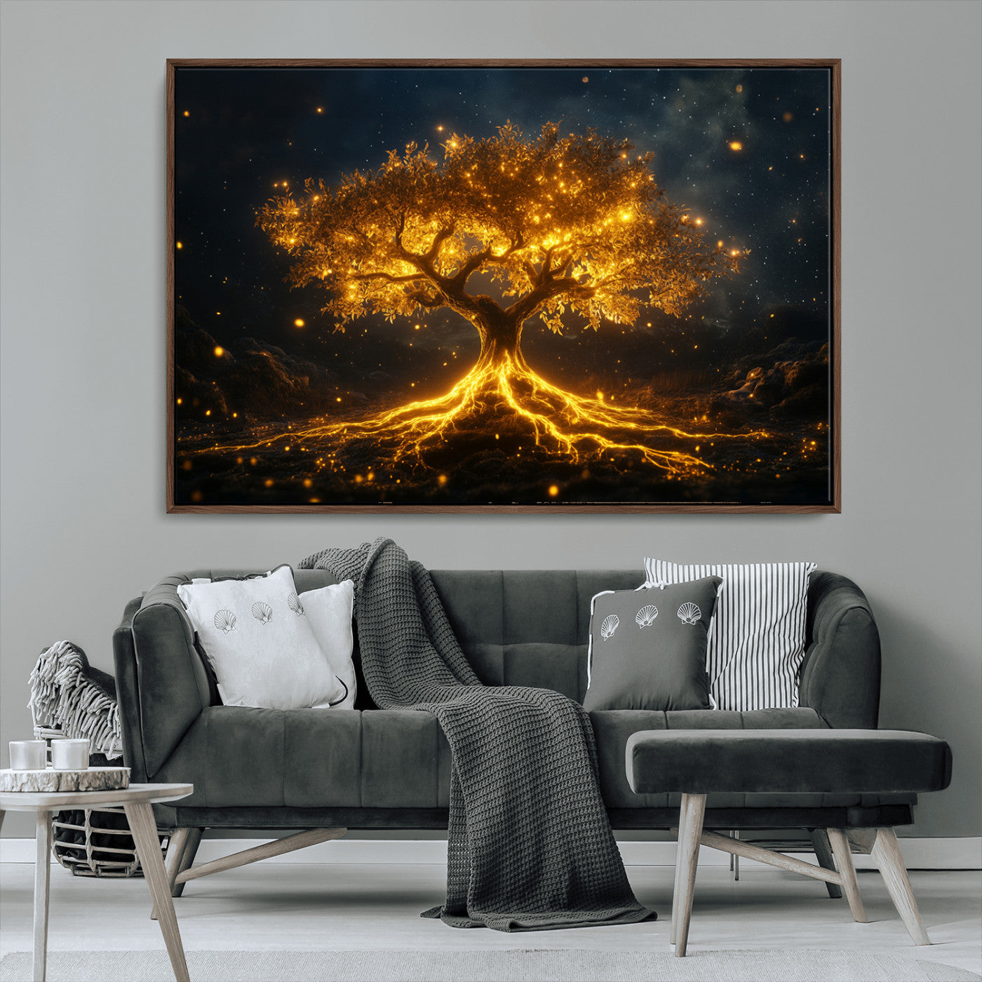 MGV-FC-36X24 - Golden Tree of Life Canvas Wall Art Print - Majestic Glowing Tree Design for Living Room, Office, or