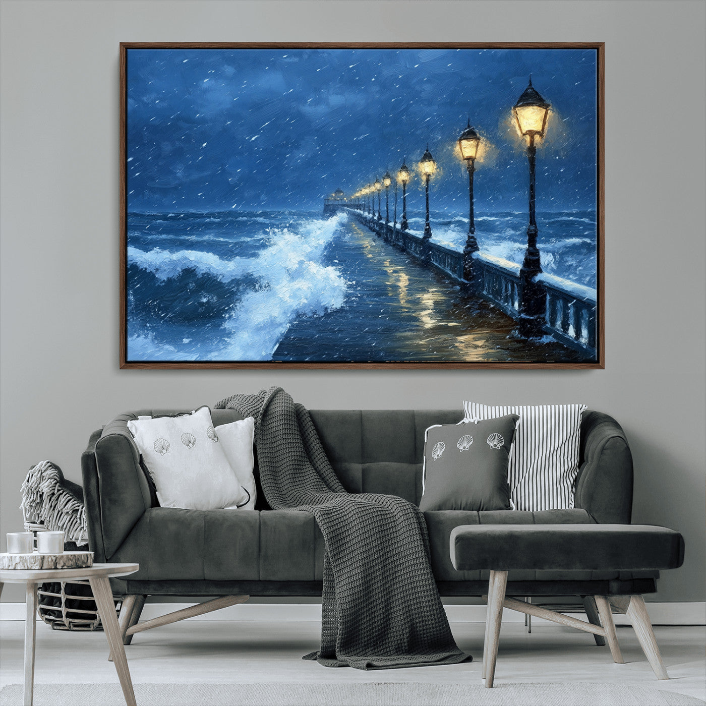 MGV-FC-36X24 - Stormy Ocean Pier Lights Canvas Wall Art Print - Large Moody Night Scene for Living Room, or Office,