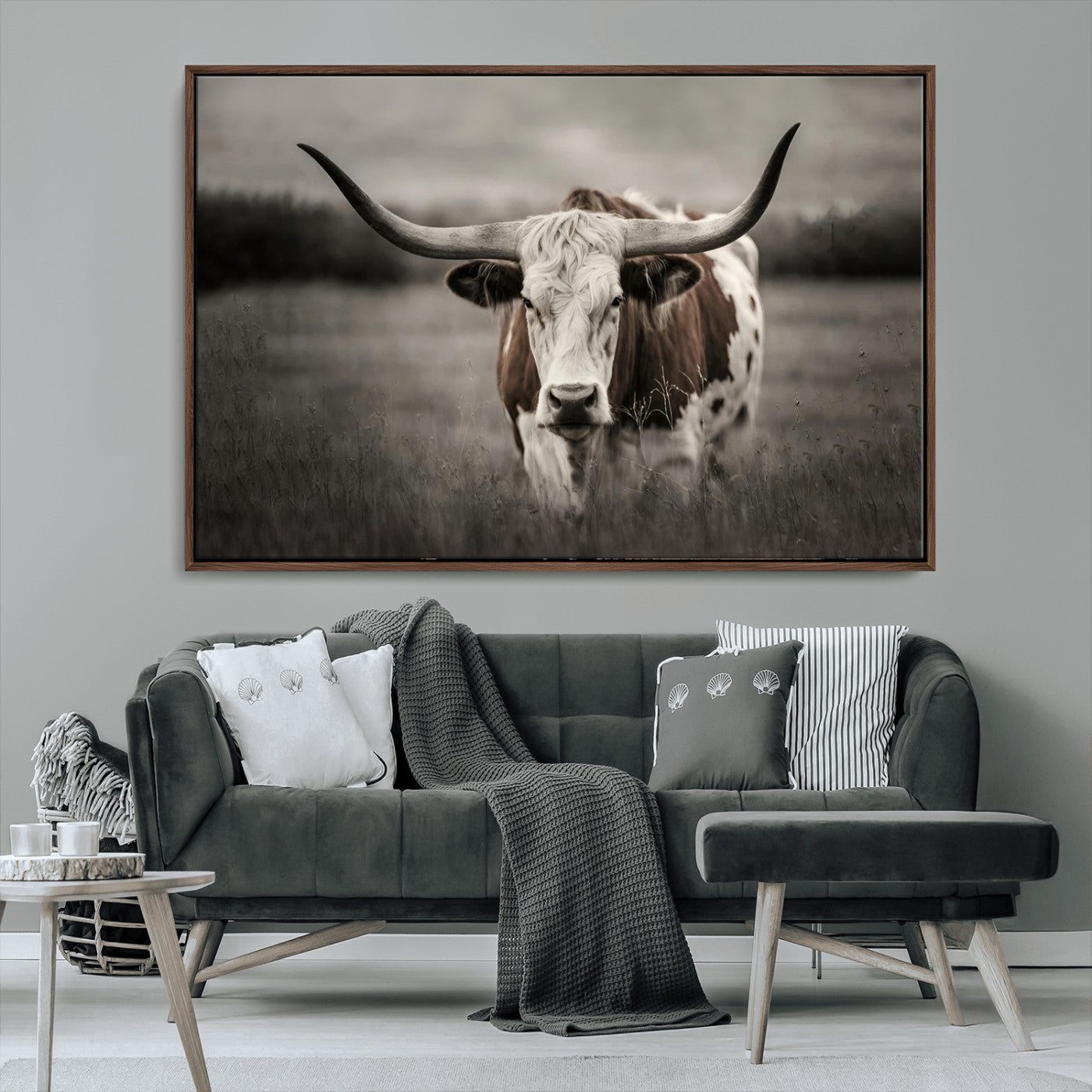 MGV-FC-36X24 - Texas Longhorn Cow Canvas Wall Art Print - Large Rustic Longhorn Art for Living Room, Western Wall