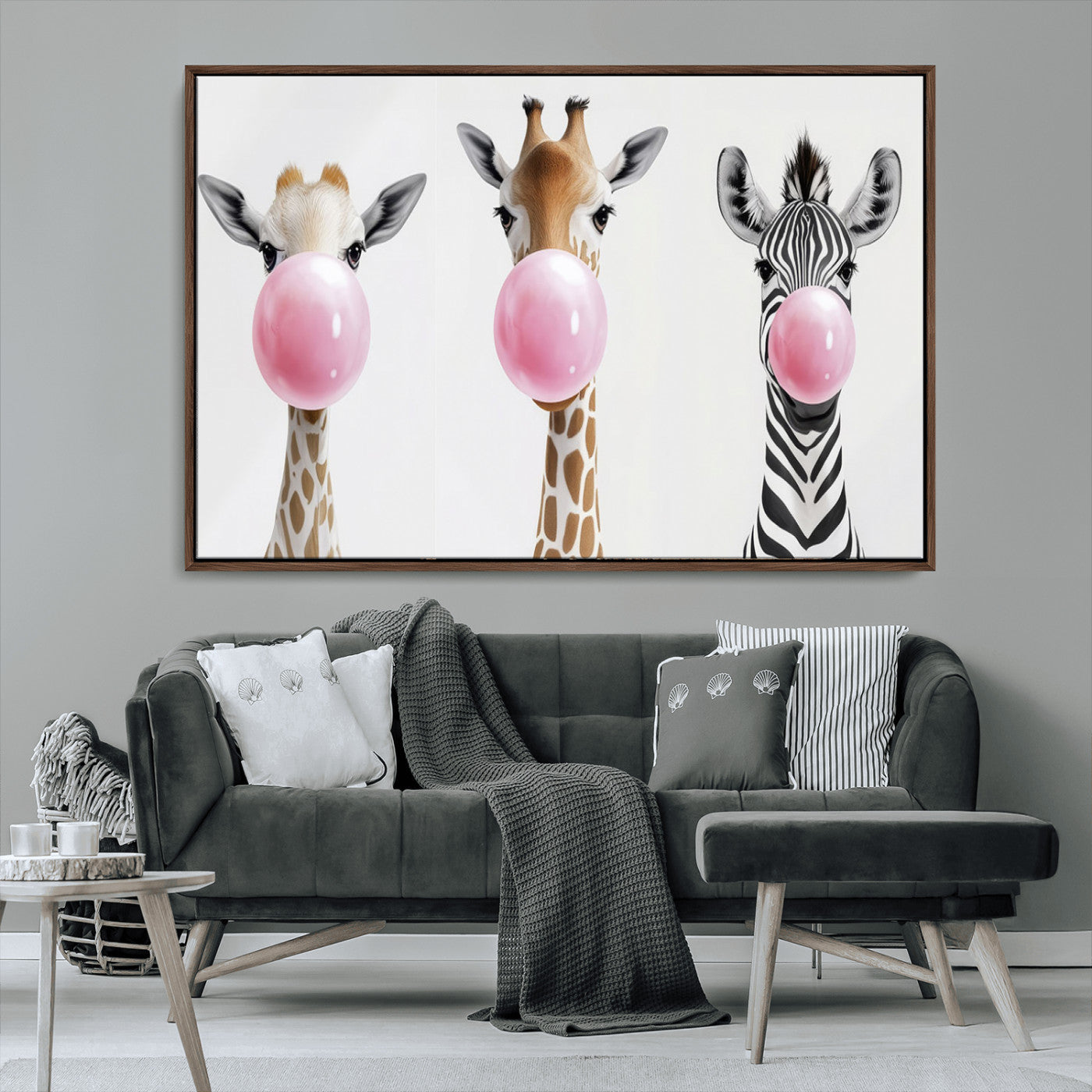MGV-FC-36X24 - Bubblegum Animals Canvas Wall Art - Playful Giraffe and Zebra Trio, Fun Nursery Decor for Kids'