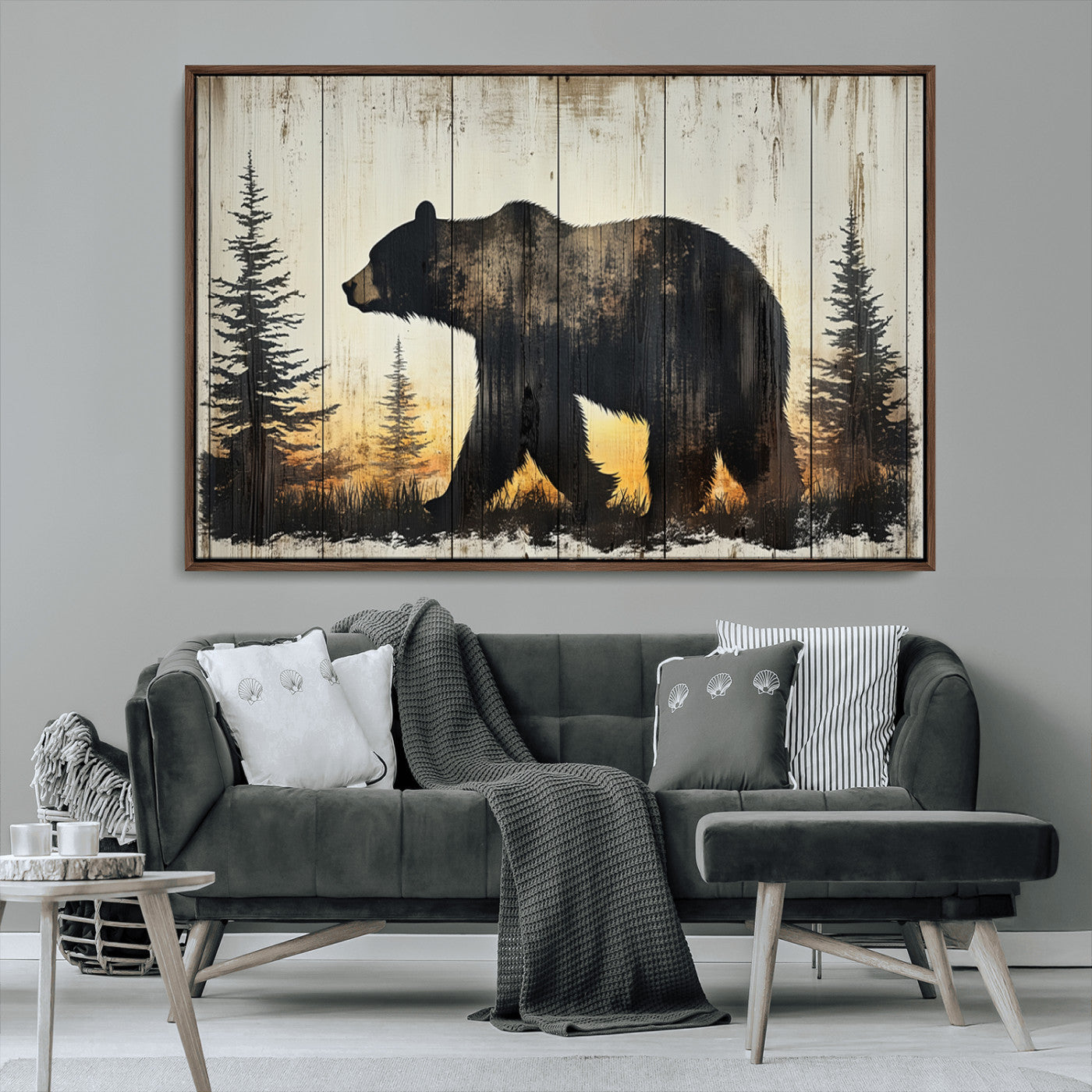 83875-MGV-CV-36X24-Vintage Bear Wall Art Canvas Print for Farmhouse - Mountain Wood Canvas Wall Art - Forest Silhouette