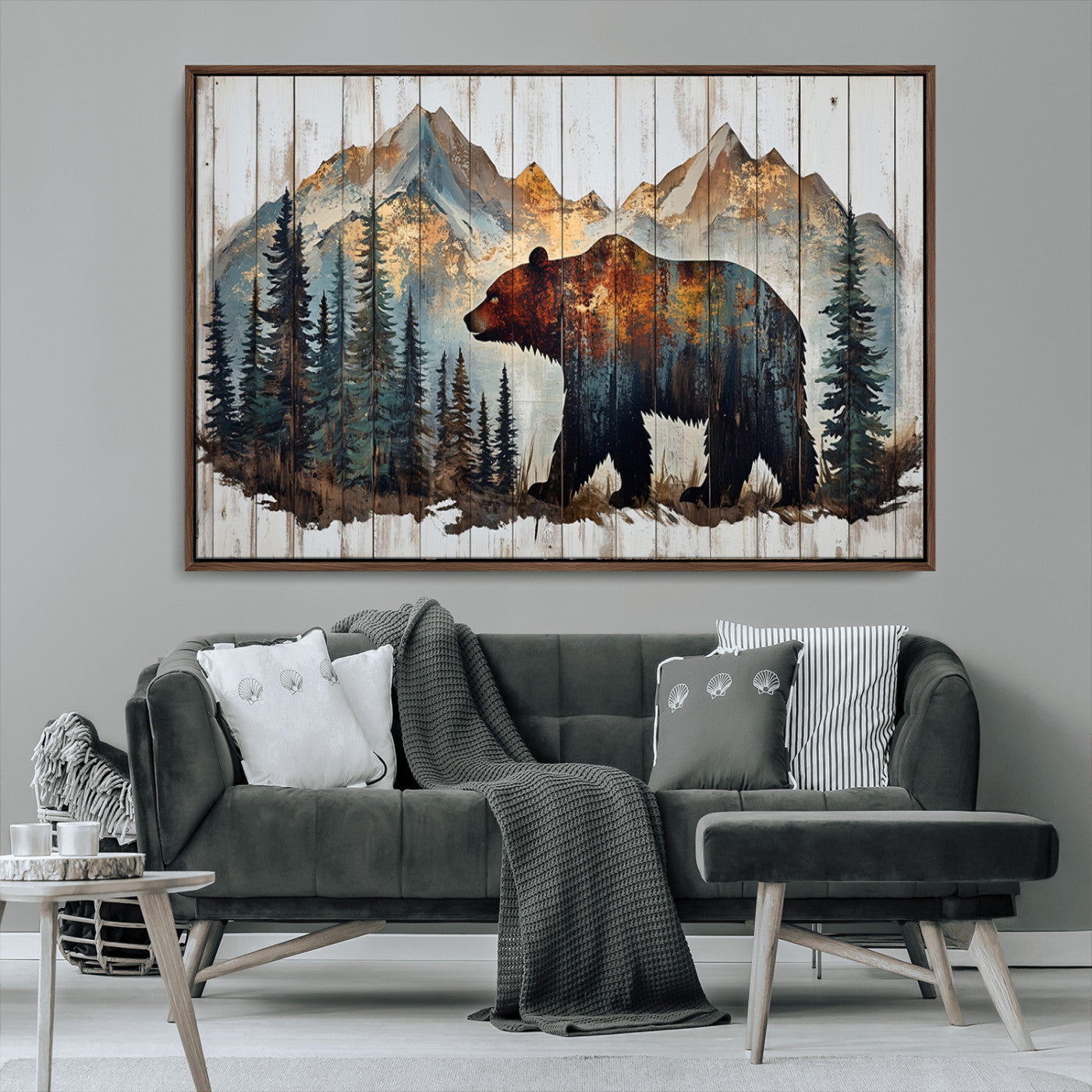 55777-MGV-CV-36X24-Rustic Grizzly 399 Bear and Mountain Wood Canvas Wall Art - Framed Nature Artwork with Forest