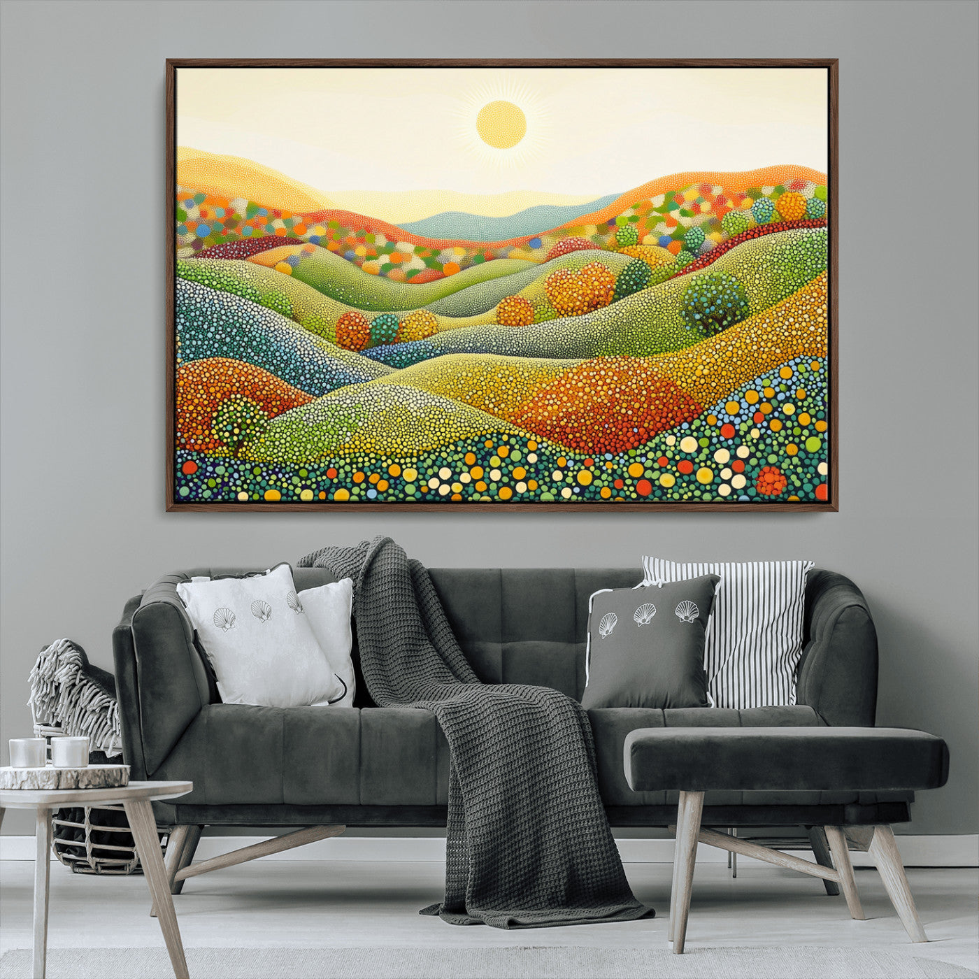 MGV-FC-36X24 - YAYOI KUSAMA Colorful Dot Art Landscape Canvas - Framed Abstract Pointillism Inspired by Nature with