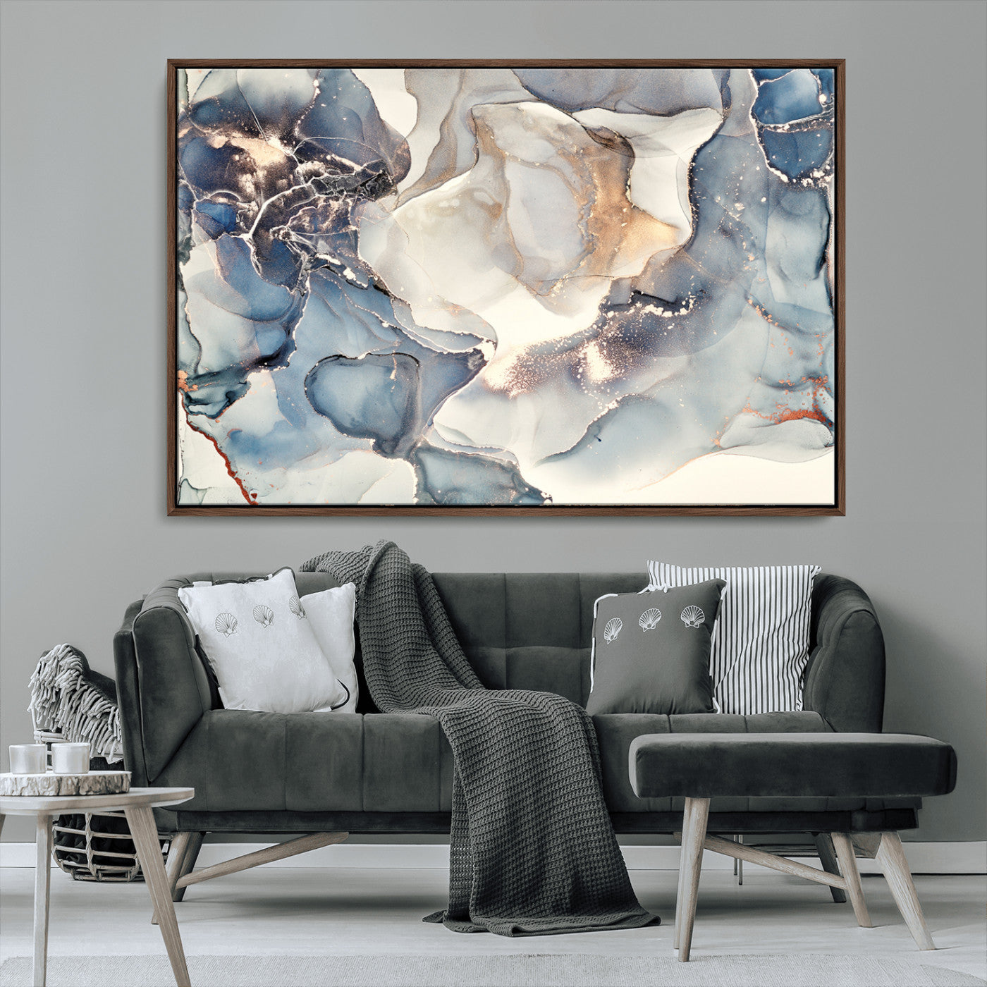 MGV-FC-36X24 - Abstract Blue and Gold Canvas Wall Art - Fluid Modern Ink Artwork - Modern Luxury Wall Decor for