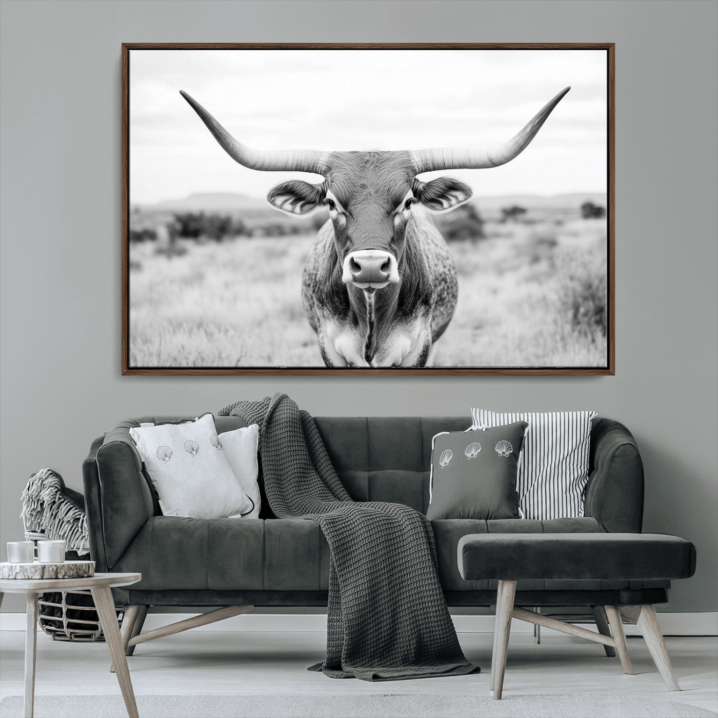 MGV-FC-36X24 - Highland Cow Wall Art Print - Black and White Texas Western Longhorn Canvas - Farmhouse Decor Print