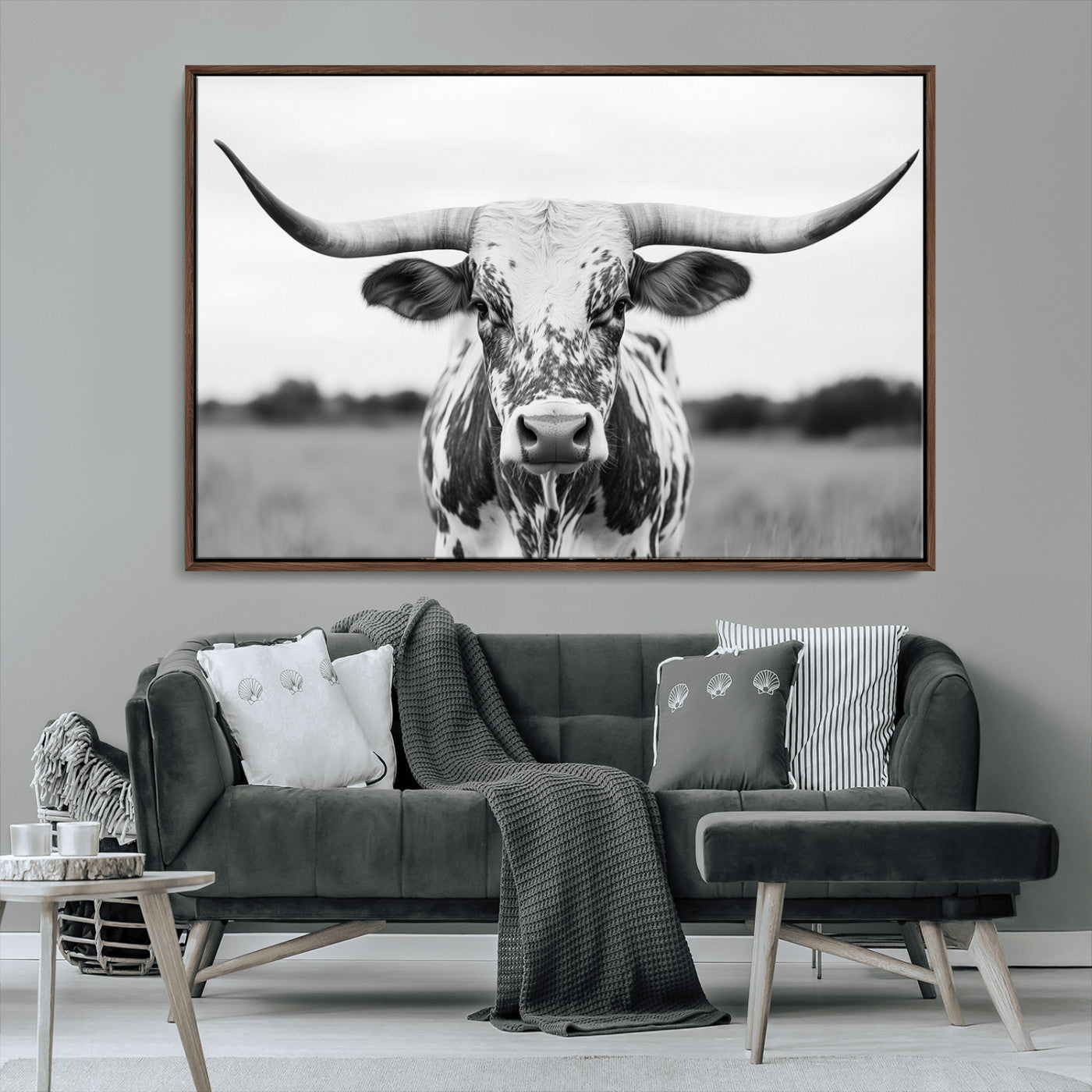 MGV-FC-36X24 - Highland Cow Wall Art - Black and White Western Longhorn Canvas Print - Farmhouse Living Room Decor