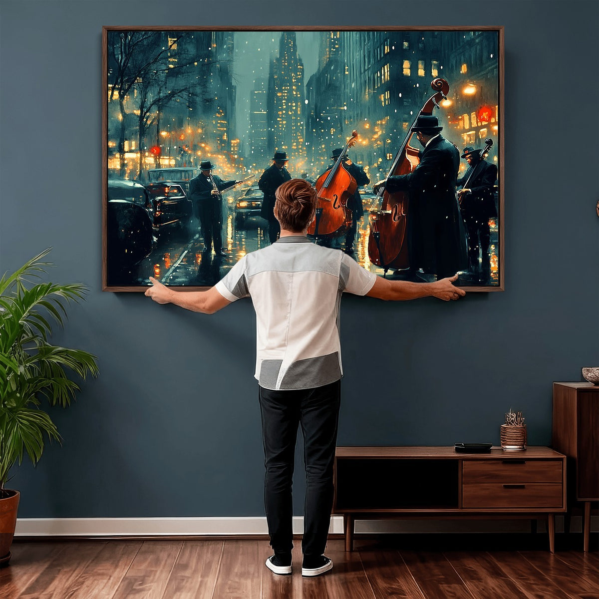 53391-MGV-CV-24X16 - Urban Night Jazz Wall Art Canvas Print | Moody Rain Soaked City Street Band Scene