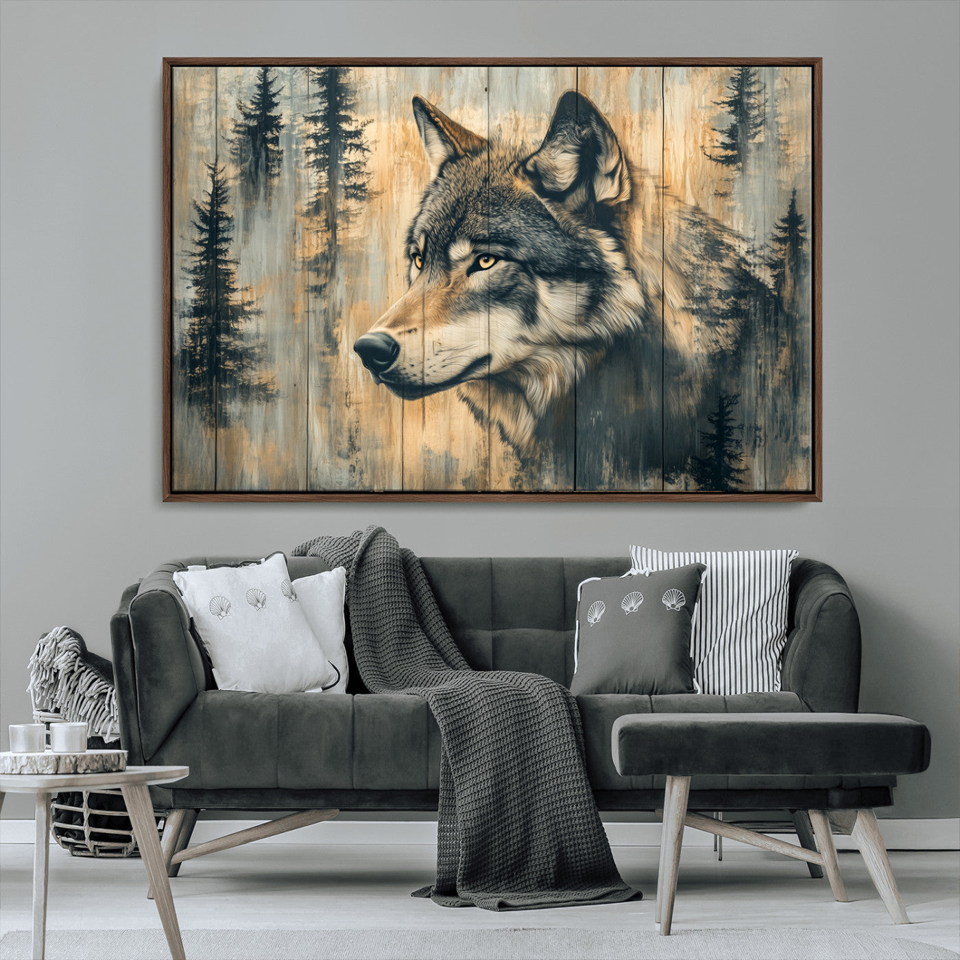 MGV-FC-36X24 - Wood Style Rustic Wolf Wall Art Canvas Print, Vintage Woodland Wolf Wall Art, Framed Wood Style Wolf