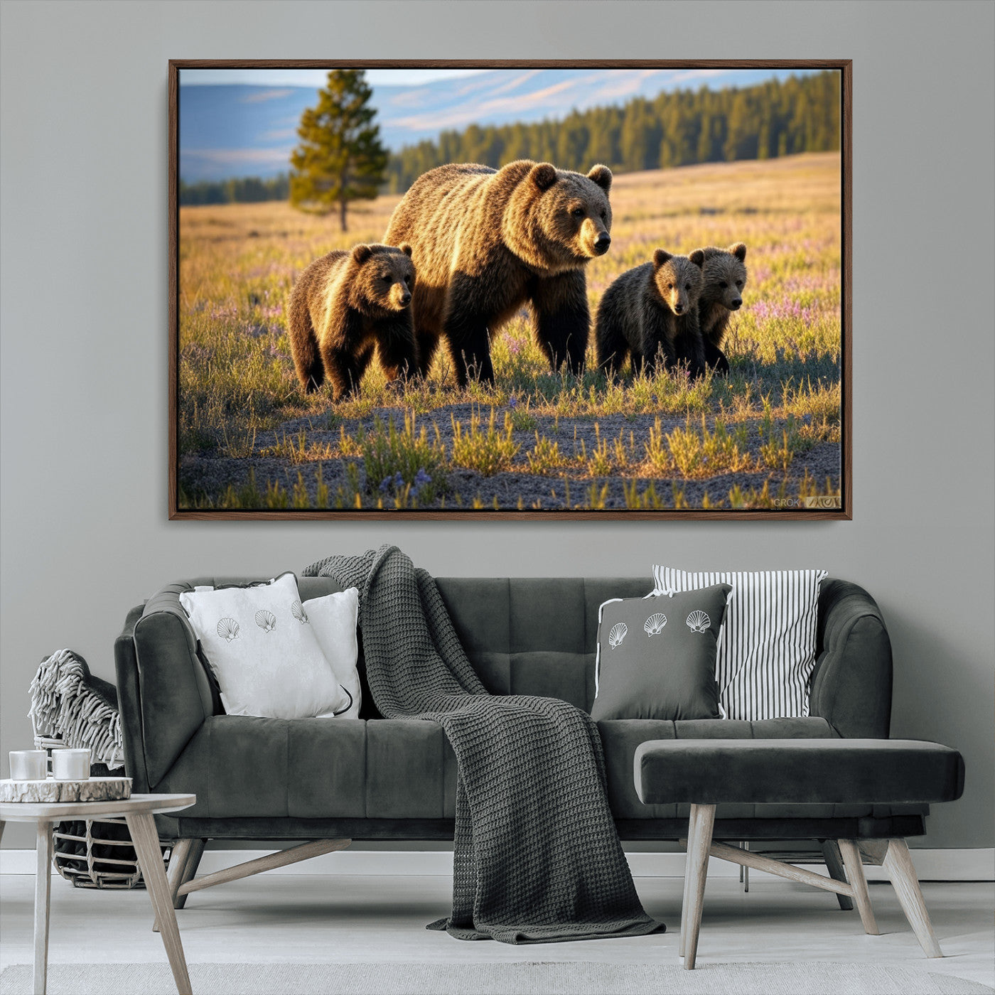 MGV-FC-36X24 - Grizzly 399 in Wild Flowers Wall Art Canvas Print, Grizzly Bears Wall Art, Queen of Grand Teton