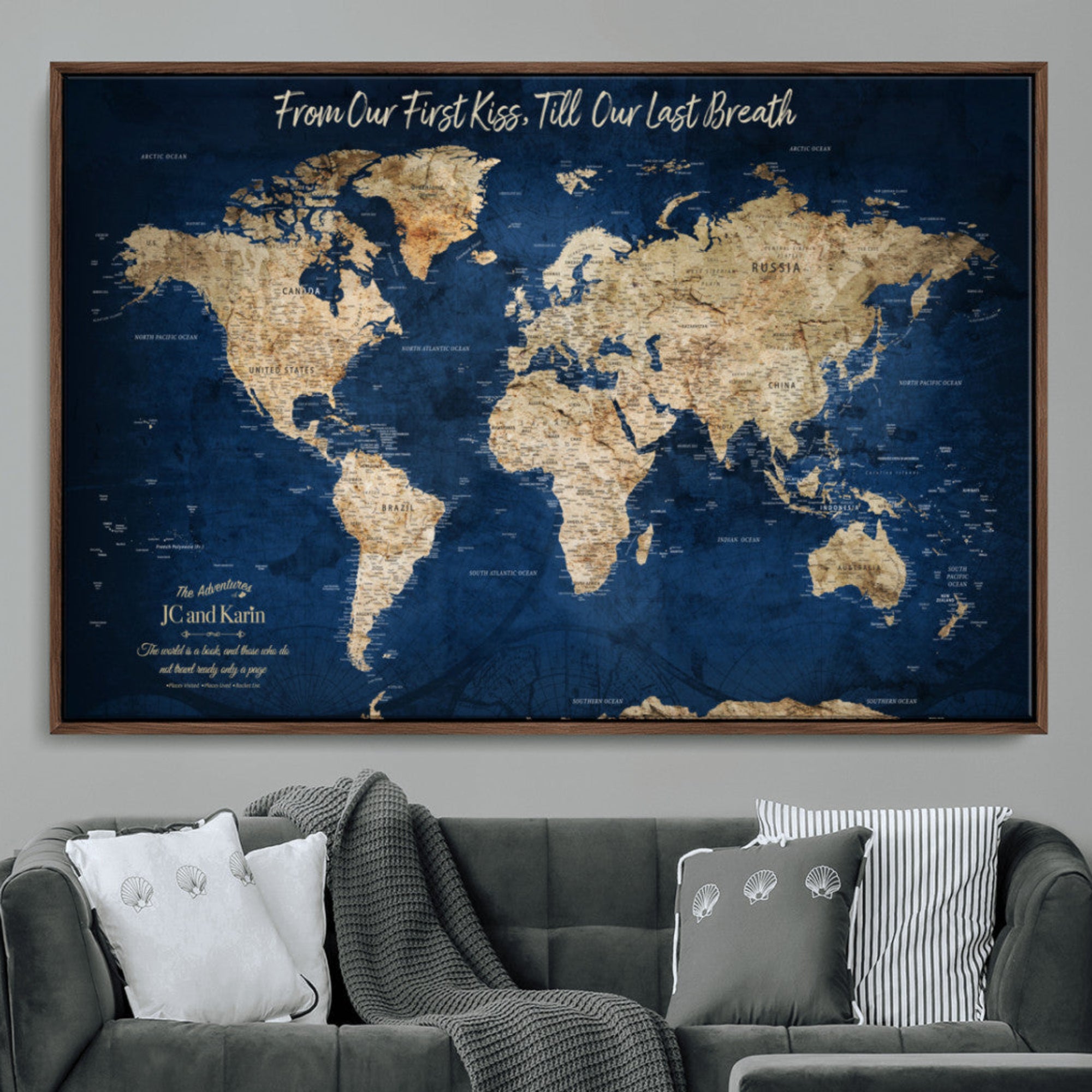 -Personalized Push Pin World Map Canvas Print – Custom Couple Travel Tracker Wall Art, Framed Anniversary Gift for Home Decor