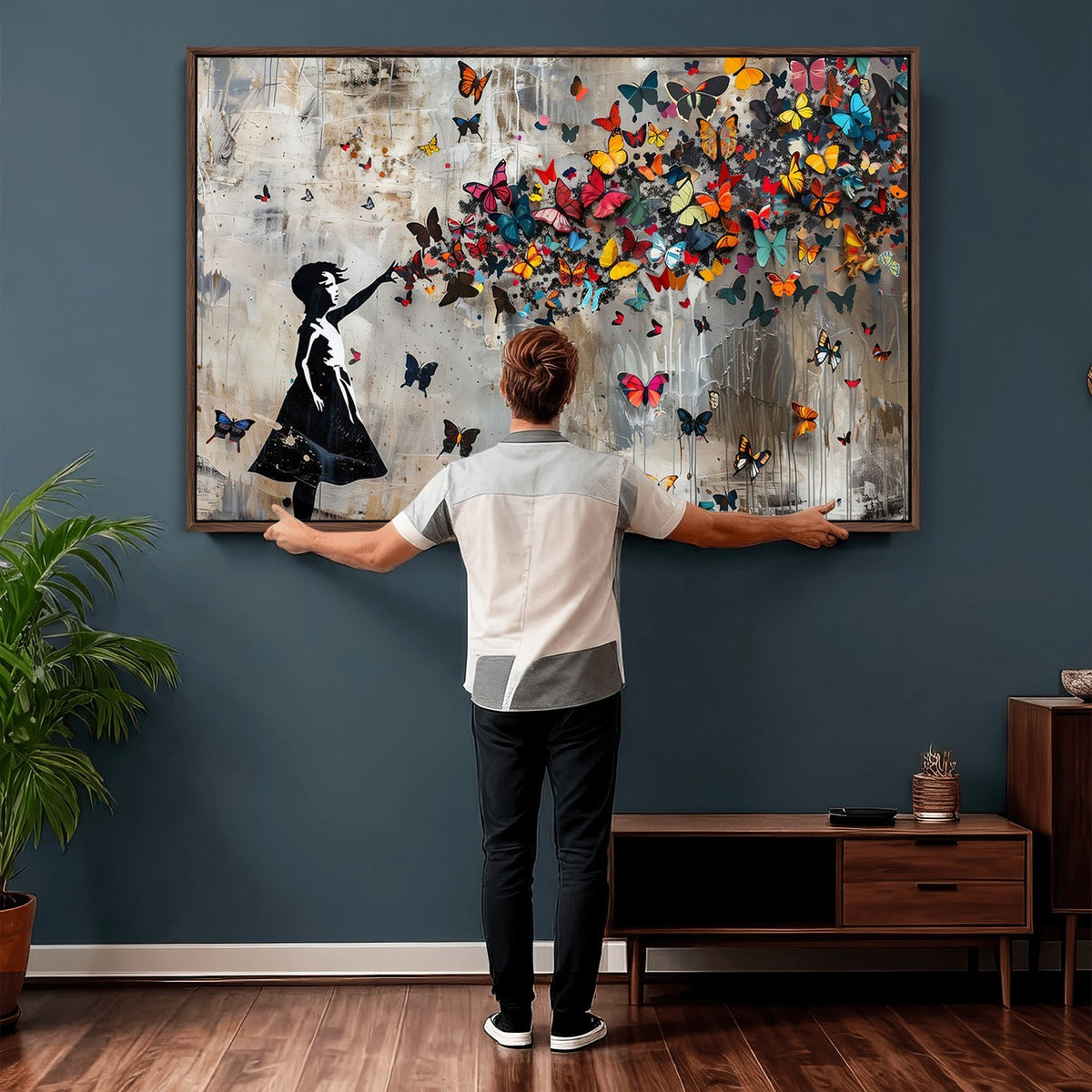 51446D-MGV-CV-24X16 - Banksy Butterfly Girl Wall Art | Modern Graffiti Canvas Print, Street Art Decor
