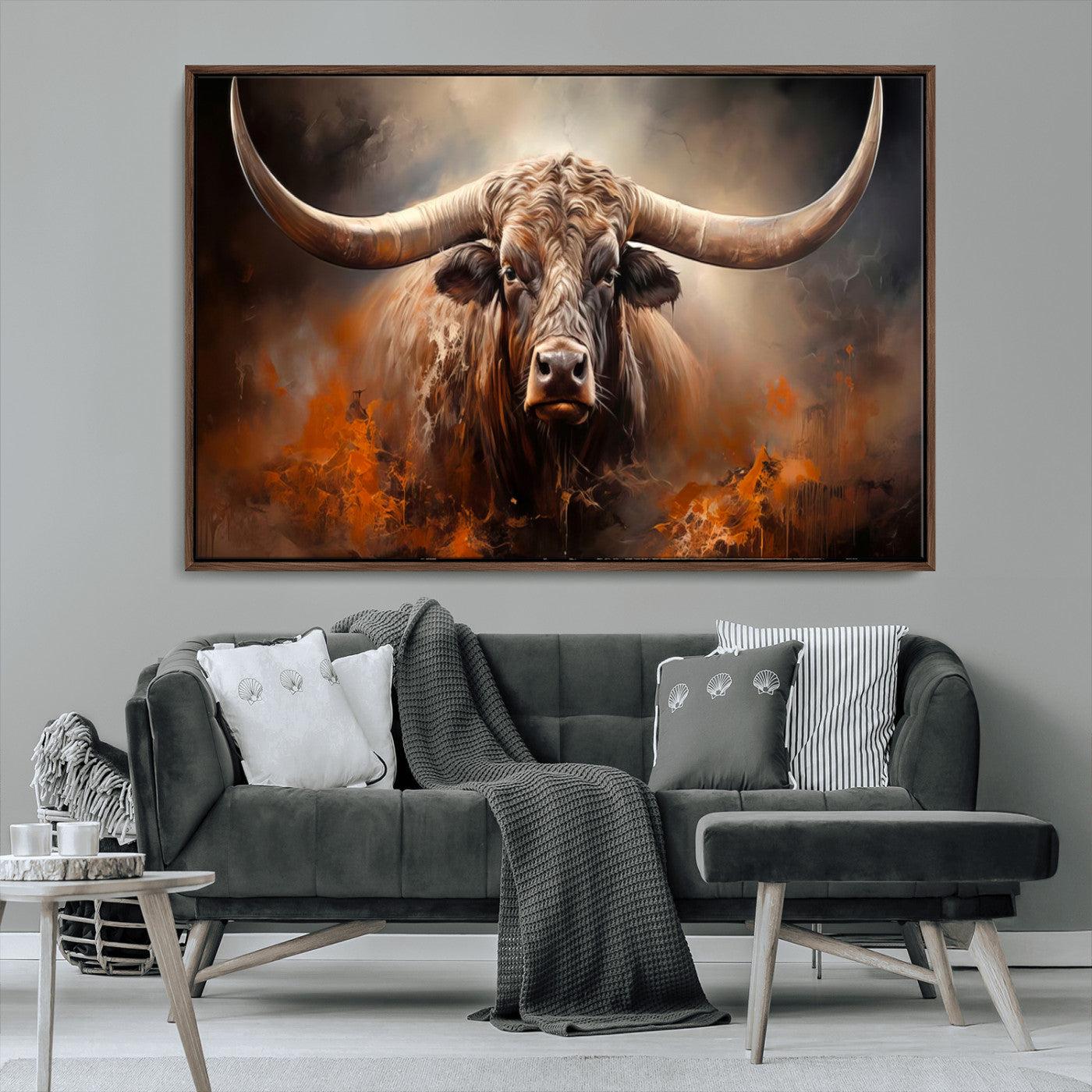 MGV-FC-36X24 - Highland Bull Canvas Abstract Canvas Wall Art Print – Powerful Highland Bull with Striking Horns in
