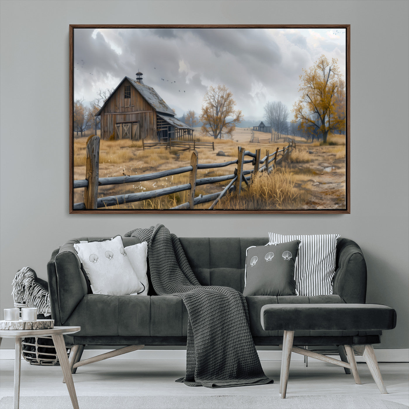 MGV-FC-36X24 - Rustic Autumn Farmhouse Wall Art Canvas Print – Serene Countryside Scene with Weathered Barn and