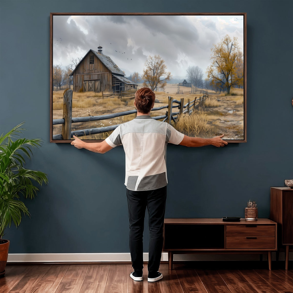 Farm1-MGV-CV-24X16 - Rustic Autumn Farmhouse Wall Art Canvas Print | Serene Countryside with Weathered Barn