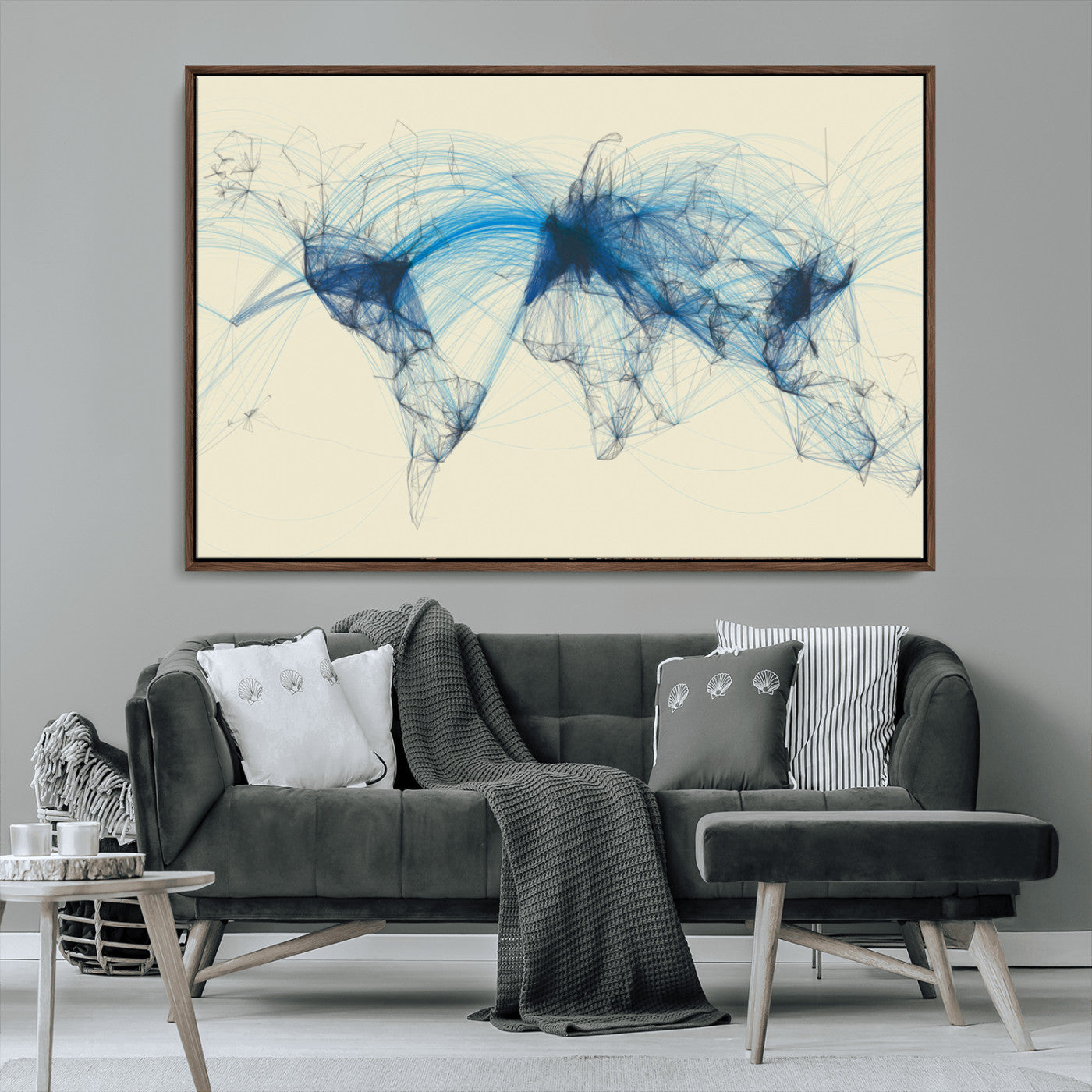 MGV-FC-36X24 - Flight Routes Map art Air Traffic Avi World Map with Blue Connections Canvas Wall Art – Modern