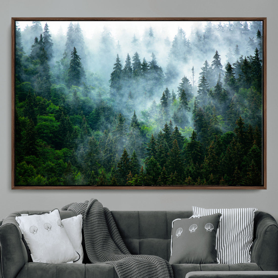 Misty Forest Wall Art Canvas Print, Framed Foggy Mountain Art, Large Scenic Woodland Canvas