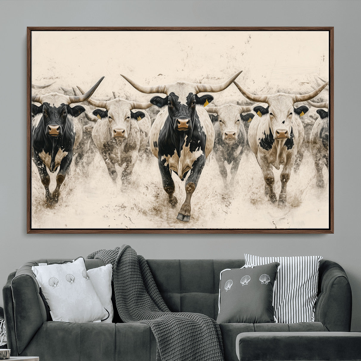 MGV-FC-36X24 - Cream Dust Longhorn Wall Art – Canvas Print of Western Herd Stampede, Dynamic Charge, Rustic Prairie Motion, Bold Nature Farm Decor