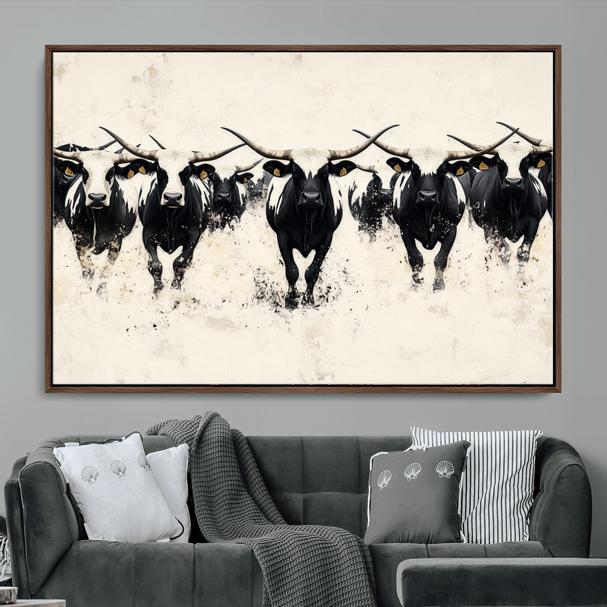 MGV-FC-36X24 - Longhorn Cattle Wall Art – Canvas Print of Herd in Motion, Symmetry and Ink Splatter, Minimalist Western Ranch, Bold Rustic Farm Decor