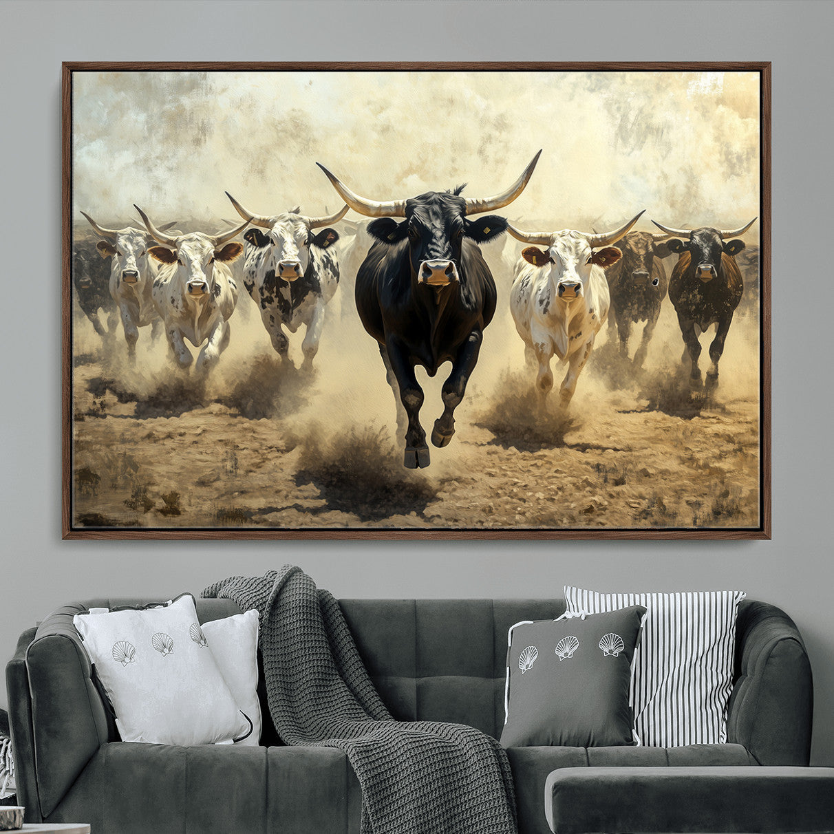 MGV-FC-36X24 - Running Cattle Wall Art – Canvas Print of Western Herd, Dust Stampede, Longhorns, Wild West Ranch, Bold Rustic Farm Decor for Home or Office