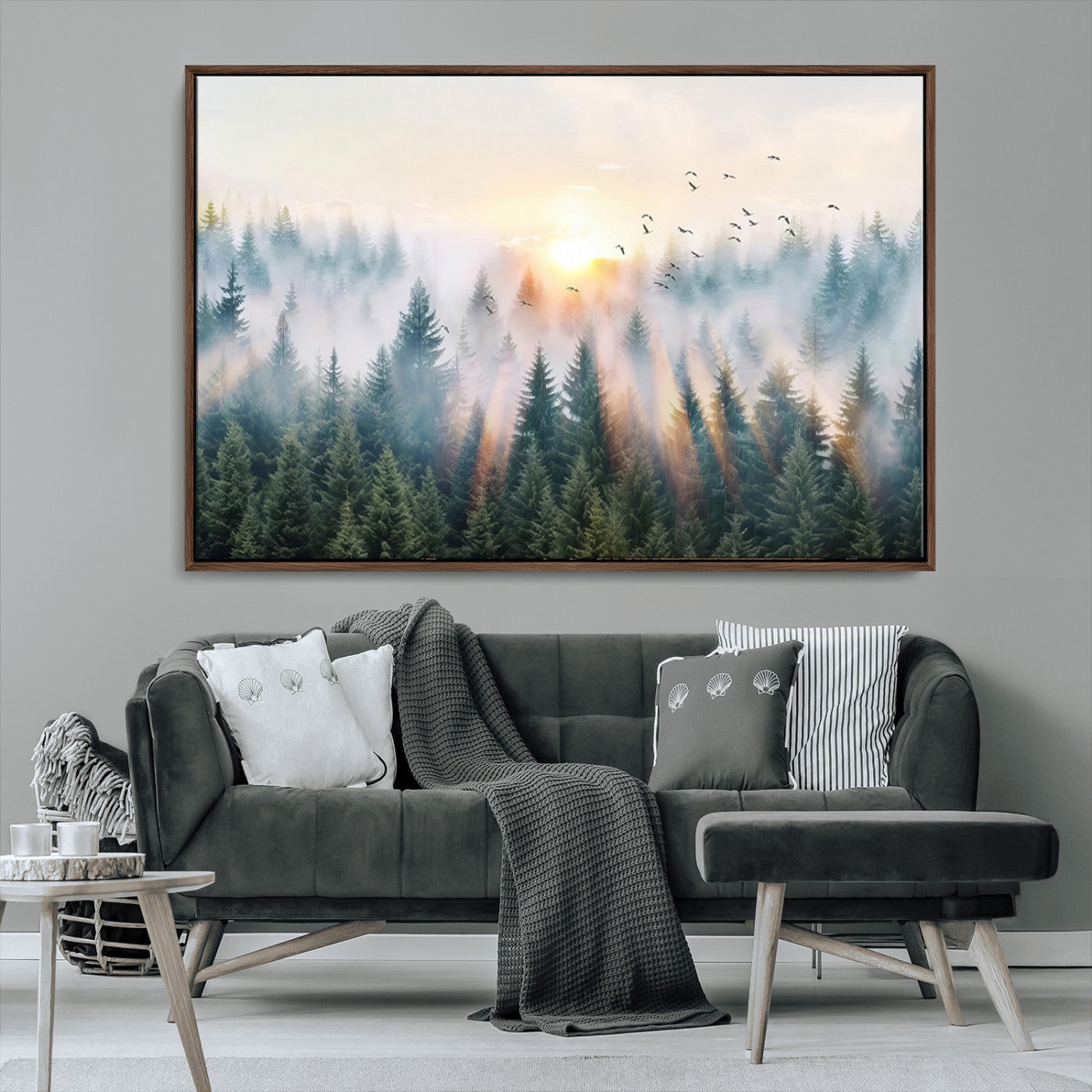 MGV-FC-36X24 - Misty Pine Forest Wall Art Canvas, Sunrise Over Foggy Trees Canvas for Home - Office, Framed