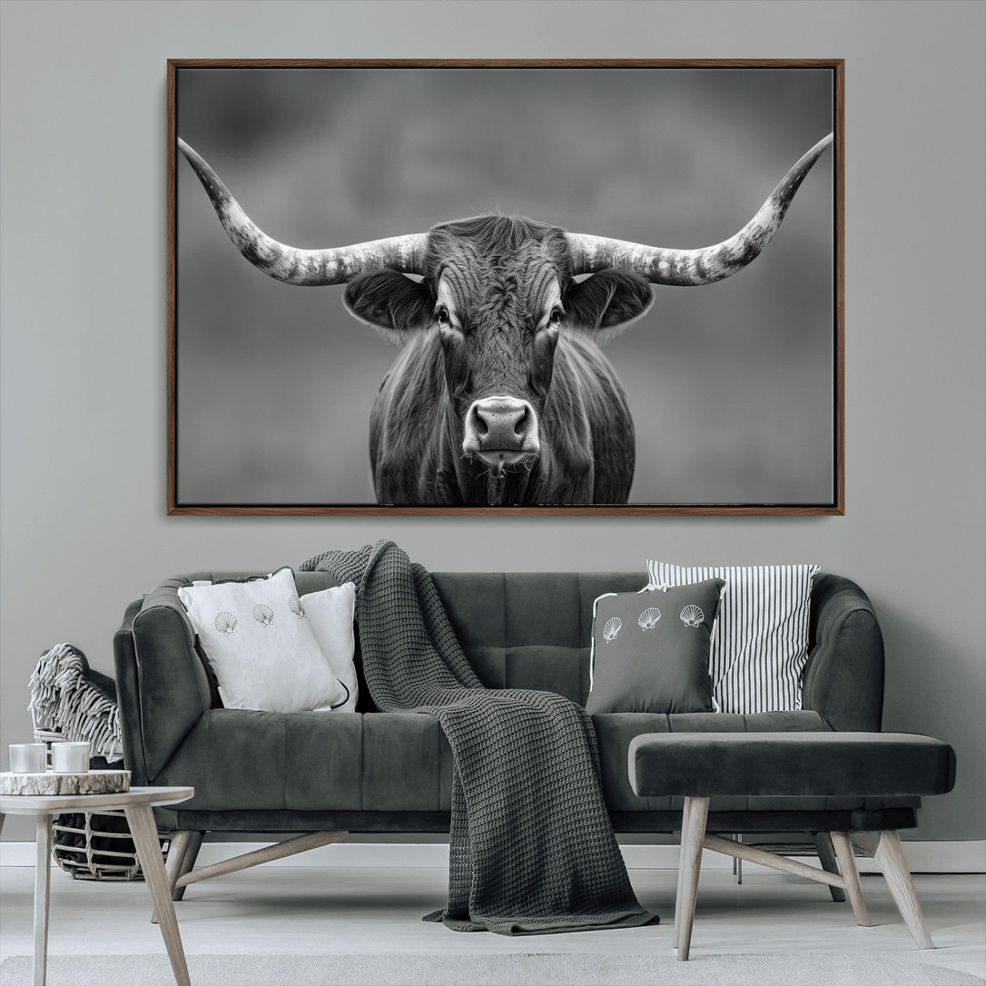 MGV-FC-36X24 - Framed Texas Longhorn Bull Art Canvas Print, Western Bull Wall Art Print, Long Horn Bull Photo Print