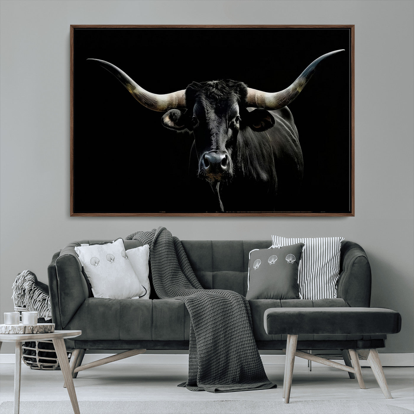 MGV-FC-36X24 - Texas Black Bull Wall Art Print, Longhorn Bull Canvas Wall Art