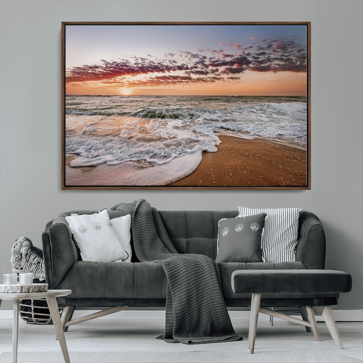 MGV-FC-36X24 - Ocean Sunset Wall Art Canvas Print, Framed Sandy Shore Art Picture Print, Gentle Waves Perfect Minimalist Coastal Decor Artwork