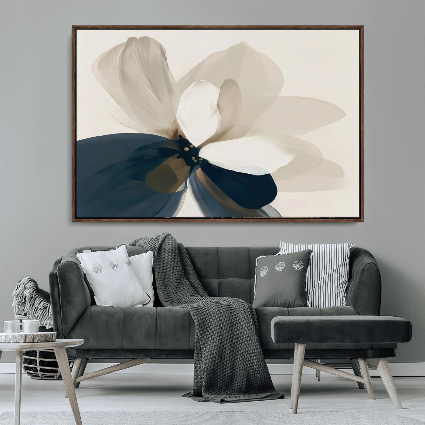 MGV-FC-36X24 - Minimal Flower Wall Art Canvas Print, Framed Flower Drawing Art Picture Print, Beige Bloom Perfect Modern Botanical Decor Artwork