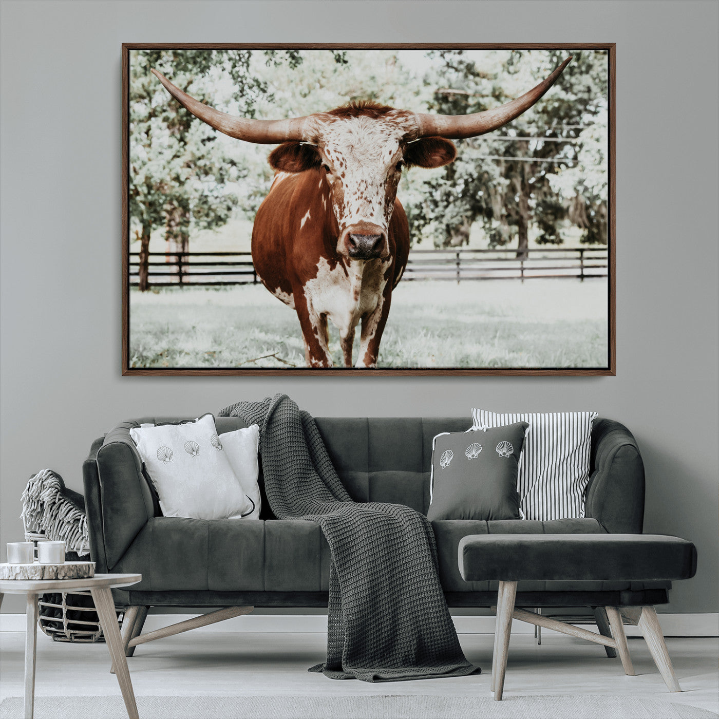 MGV-FC-36X24 - Texas Longhorn Wall Art Canvas Print, Framed Spotted Cow Art Picture Print, Horned Cattle Perfect Rustic Western Decor Artwork