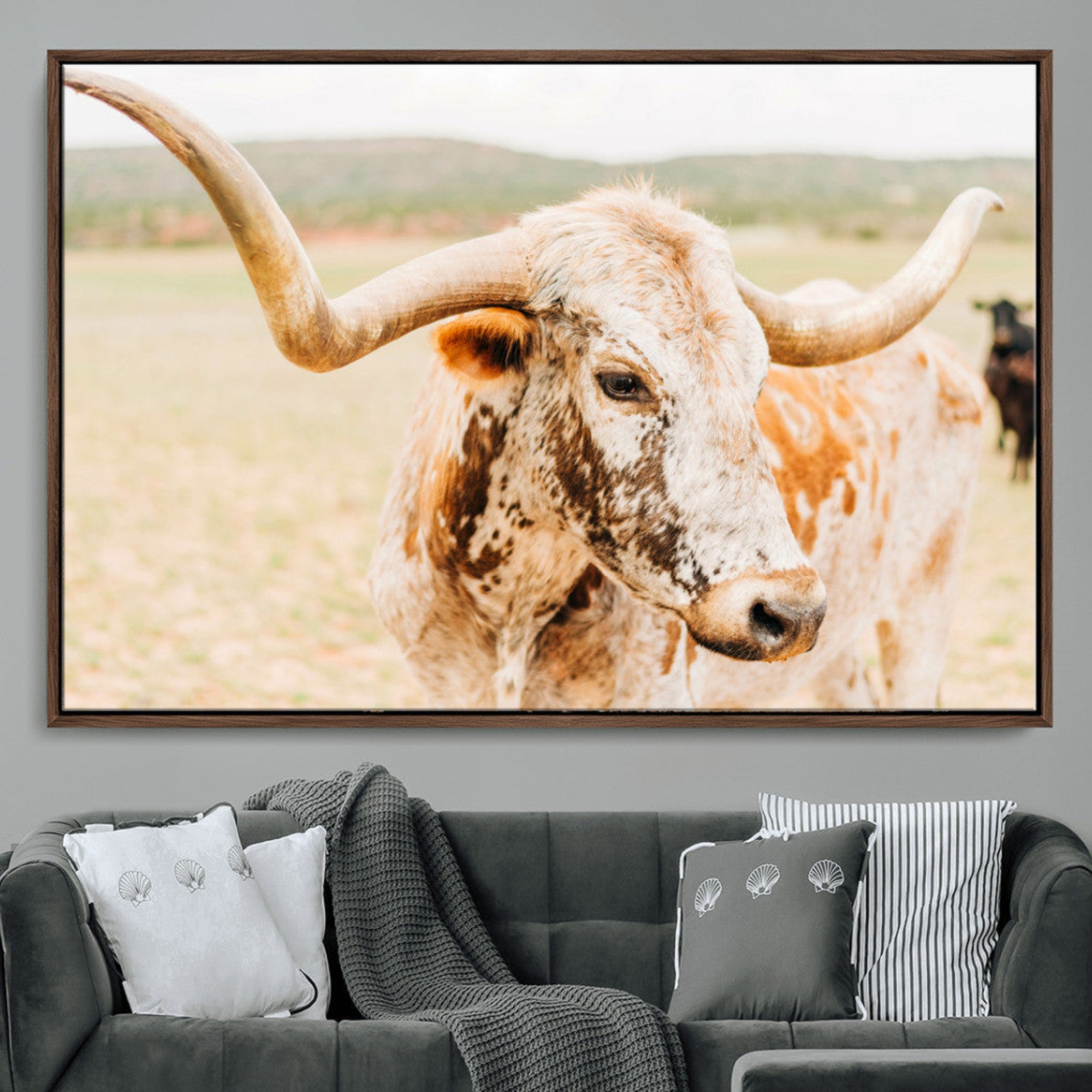 -Texas Longhorn Wall Art Canvas Print, Framed Spotted Cow Art Picture Print, Horned Cattle Perfect Rustic Western Decor Artwork