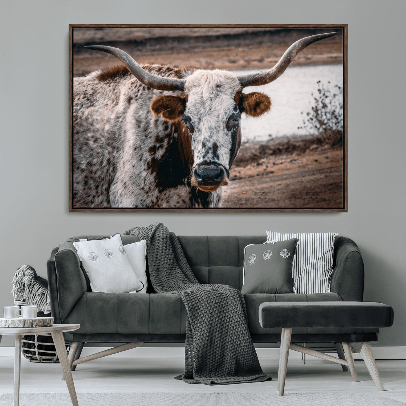 MGV-FC-36X24 - Texas Longhorn Wall Art Canvas Print, Framed Spotted Cow Art Picture Print, Horned Cattle Perfect Rustic Western Decor Artwork