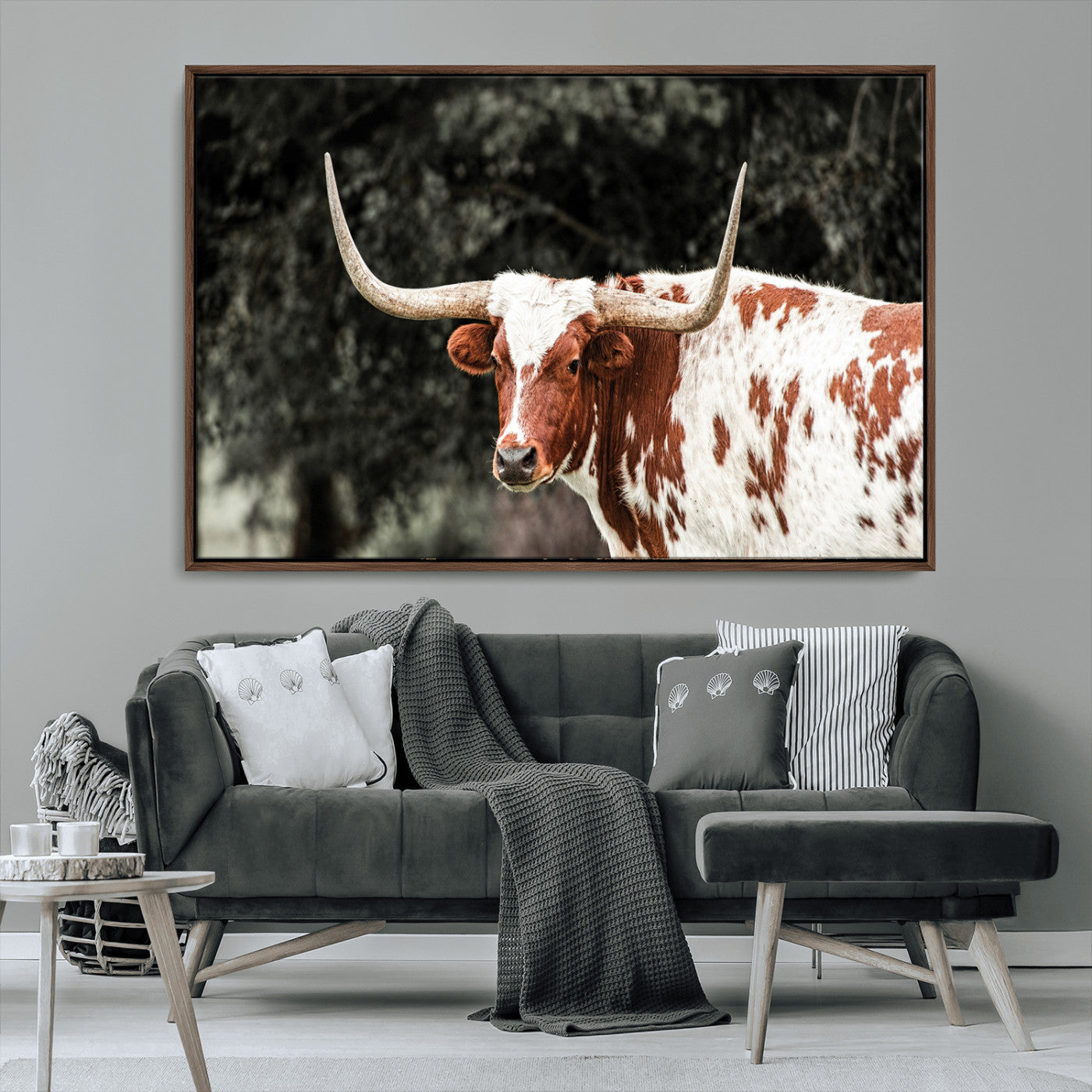 MGV-FC-36X24 - Texas Longhorn Wall Art Canvas Print, Framed Spotted Cow Art Picture Print, Horned Bull Perfect Rustic Western Decor Artwork