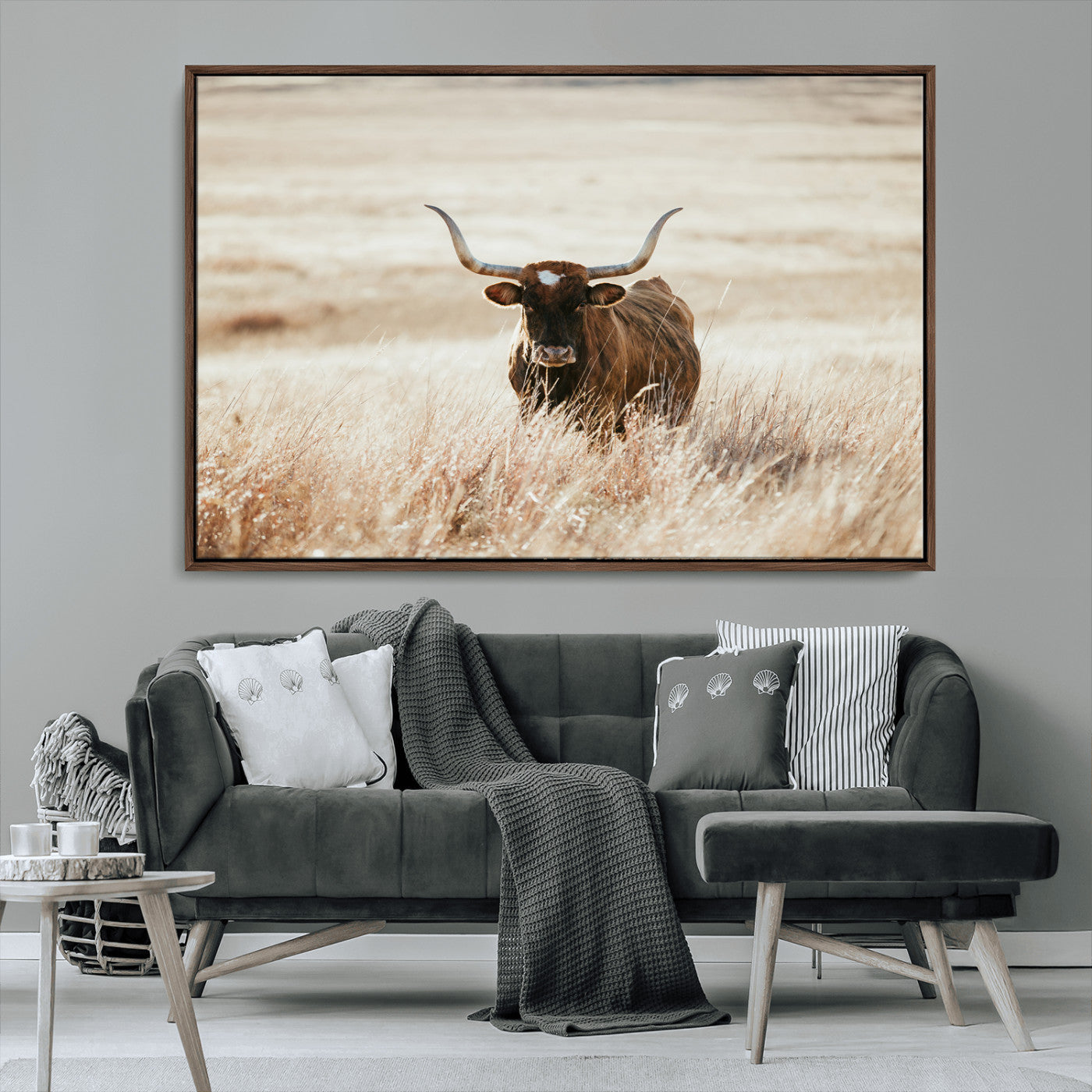 MGV-FC-36X24 - Texas Longhorn Wall Art Canvas Print, Framed Brown Cattle Art Picture Print, Horned Bull Perfect Rustic Western Decor Artwork