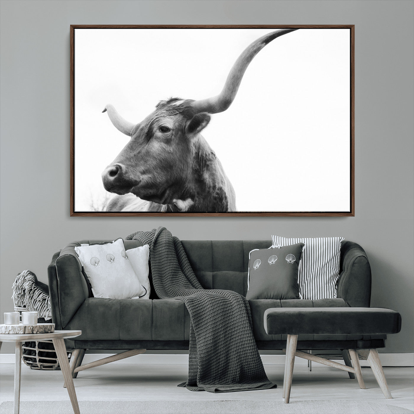 MGV-FC-36X24 - Longhorn Wall Art Wall Art Canvas Print, Framed Modern Ranch Style Art Art Picture Print, Monochrome Cow Print Perfect Rustic Western Decor Artwork