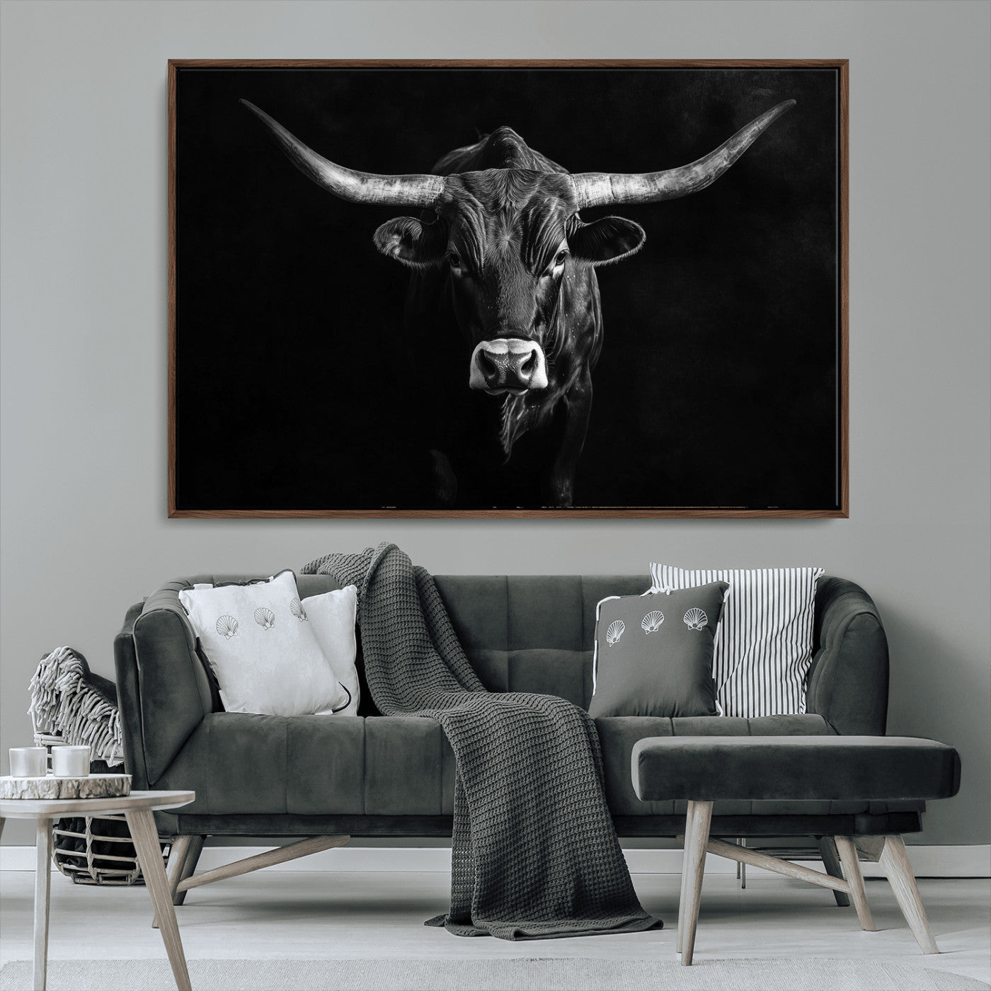 MGV-FC-36X24 - Texas Longhorn Wall Art Canvas Print, Framed Monochrome Bull Art Picture Print, Horned Bull Perfect Rustic Western Decor Artwork