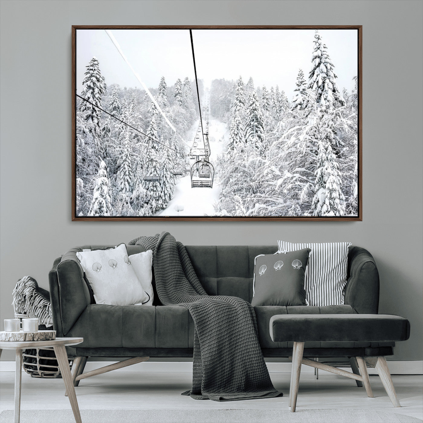 MGV-FC-36X24 - Snowy Mountains Wall Art Canvas Print, Framed Ski Lift Art Picture Print, Winter Forest Perfect