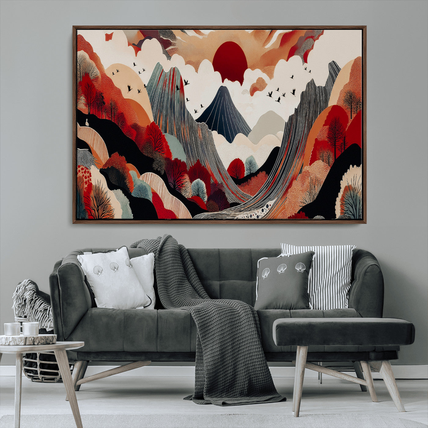 MGV-FC-36X24 - Abstract Mountain Wall Art Canvas Print, Framed Vibrant Landscape Art Picture Print, Stylized Nature Drawing Perfect Contemporary Minimalist Decor Artwork