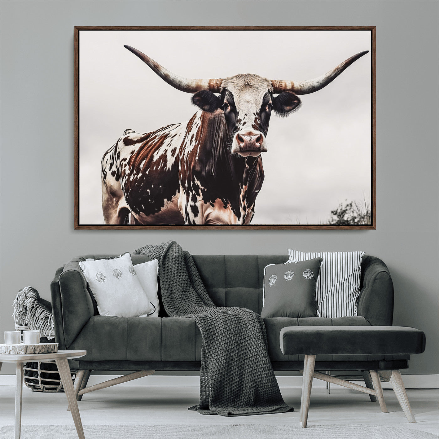 Close-up of a Texas Longhorn bull with powerful horns, perfect for rustic farmhouse or country-themed home decor. Ideal for animal lovers.