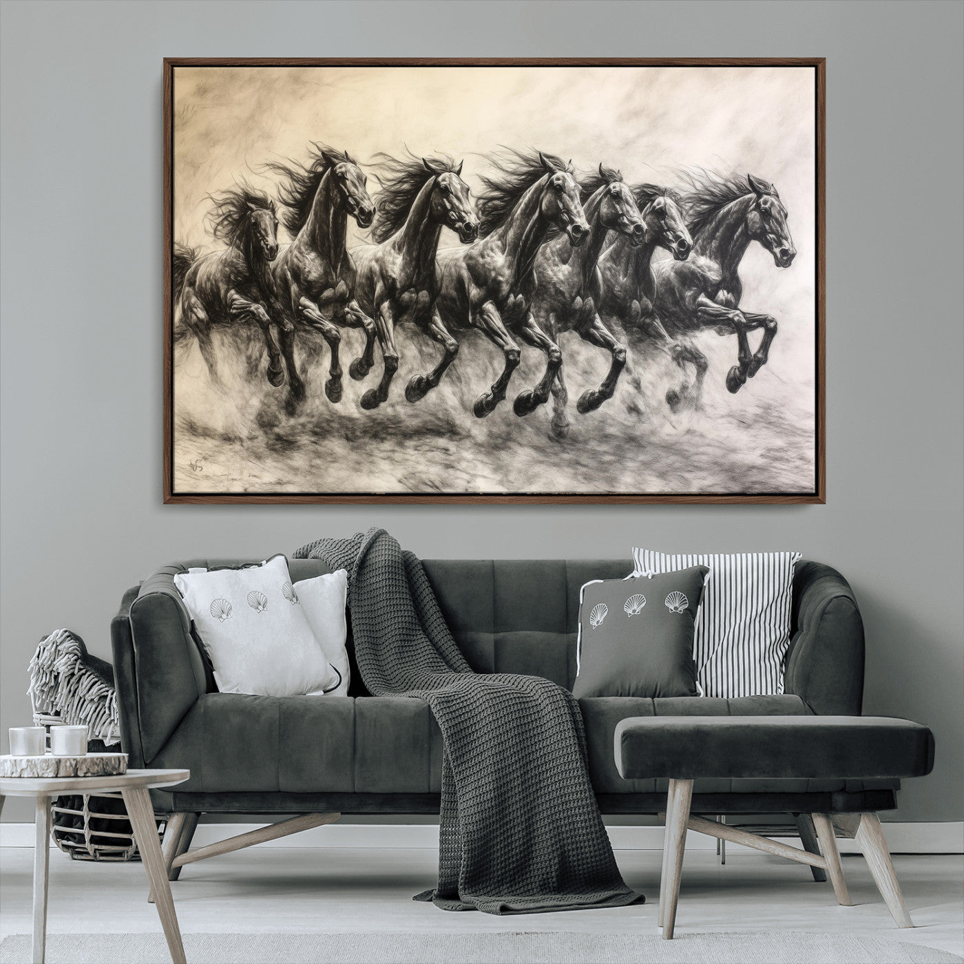 Monochrome drawing of a herd of galloping horses, perfect for dynamic and wild-themed decor in any equestrian or nature-inspired room.