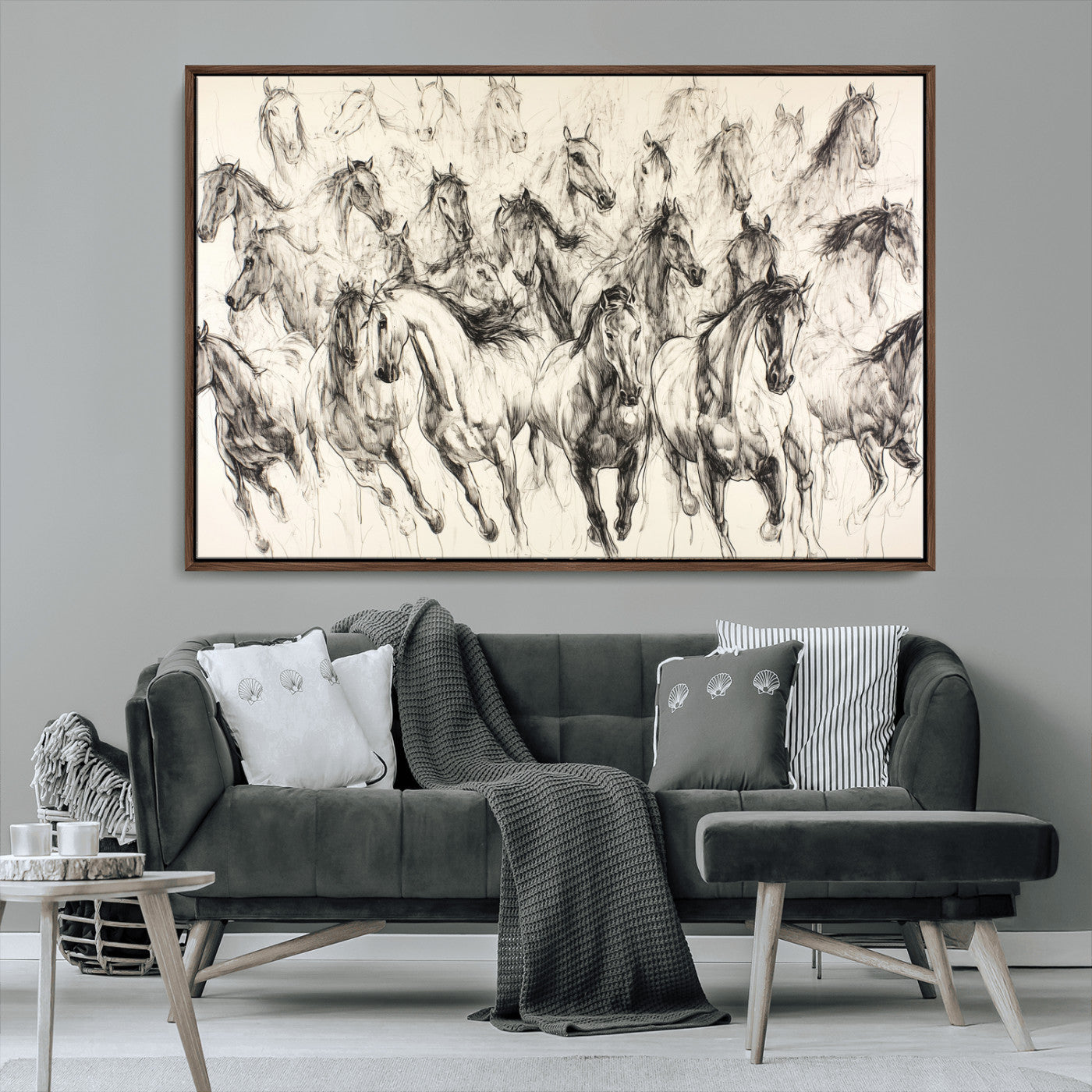 Monochrome ink sketch of galloping horses in dynamic motion, perfect for western or equine-themed wall decor with bold artistic energy.