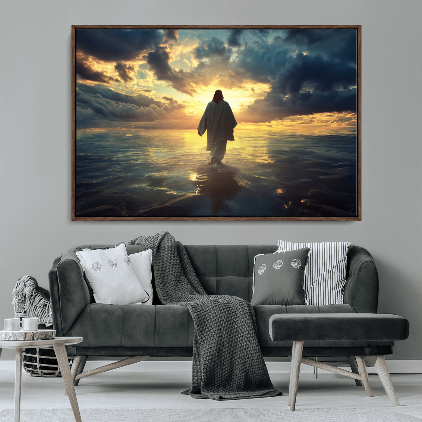 MGV-FC-36X24 - Jesus Walks Wall Art Canvas Print, Framed Divine Sunset Art Picture Print, Spiritual Light Perfect Spiritual Tranquil Decor Artwork