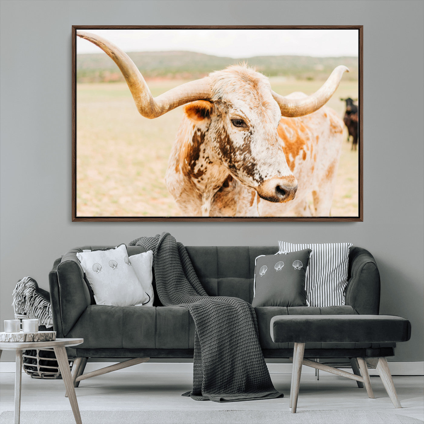 MGV-FC-36X24 - Texas Longhorn Wall Art Canvas Print, Framed Speckled Cow Art Picture Print, Rustic Bull Perfect Rustic Western Decor Artwork