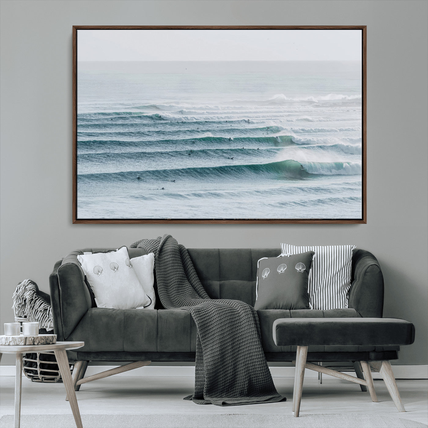 MGV-FC-36X24 - Ocean Waves Wall Art Canvas Print, Framed Surfer Lineup Art Picture Print, Crowded Ocean Perfect Minimal Coastal Decor Artwork