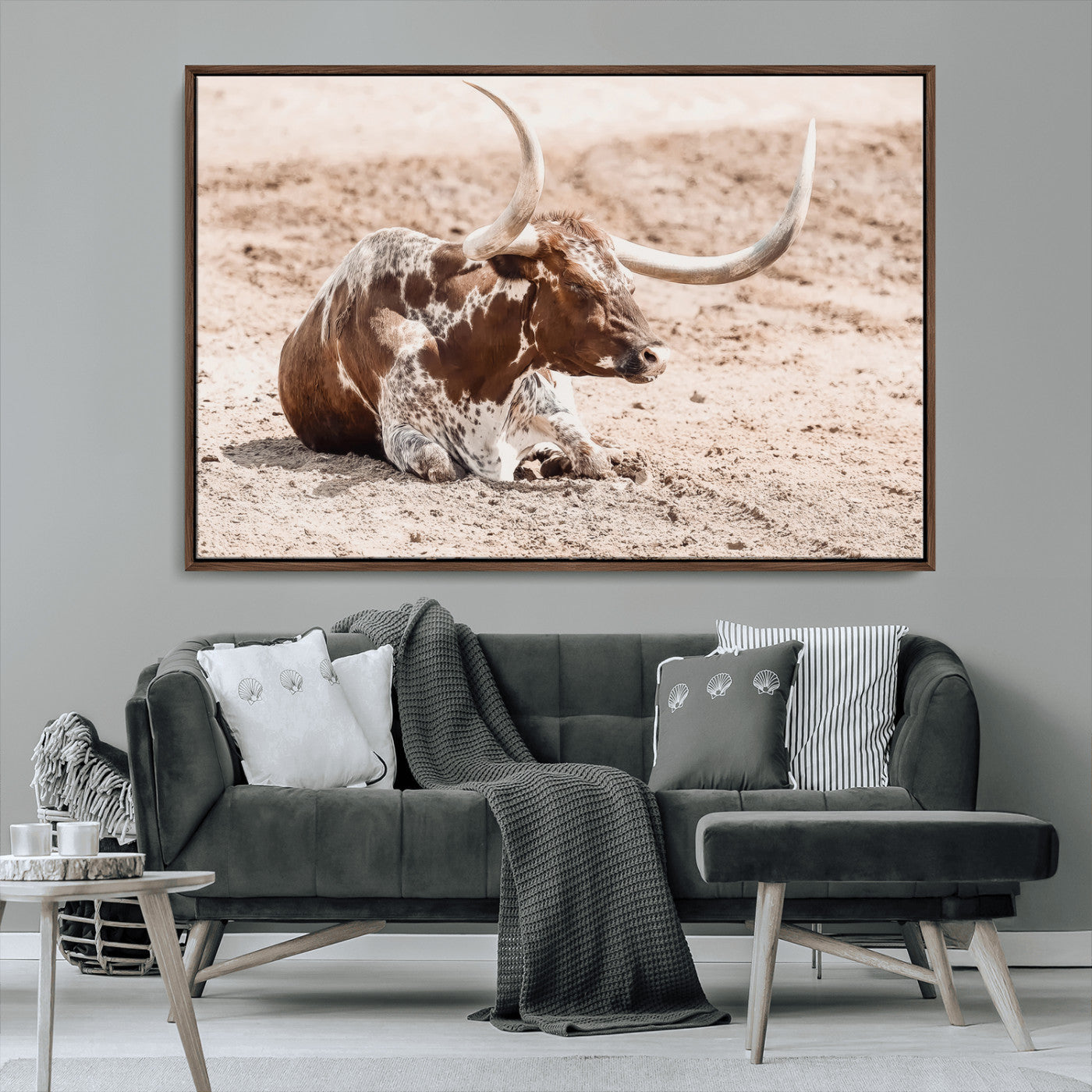 MGV-FC-36X24 - Texas Longhorn Wall Art Canvas Print, Framed Resting Bull Art Picture Print, Spotted Cattle Perfect Rustic Western Decor Artwork