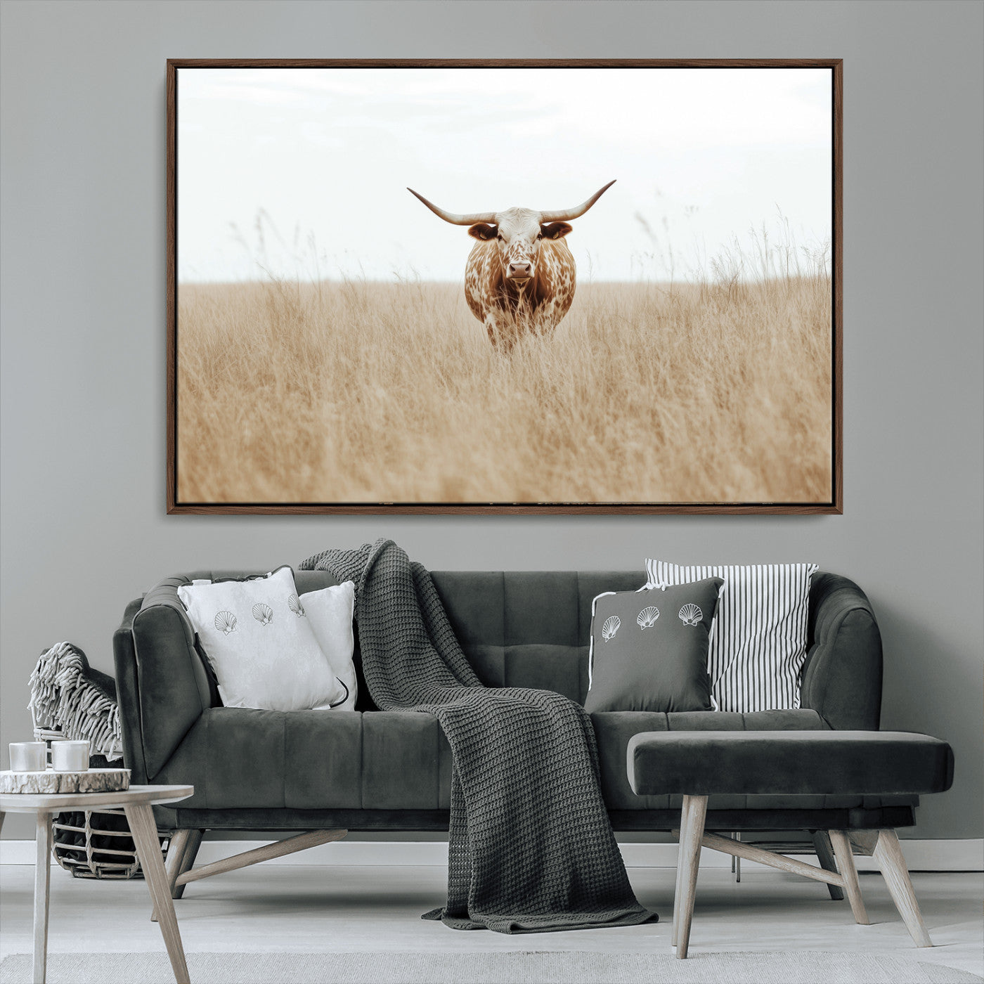 MGV-FC-36X24 - Texas Longhorn Wall Art Canvas Print, Framed Lone Cattle Art Picture Print, Longhorn Bull Perfect Rustic Western Decor Artwork