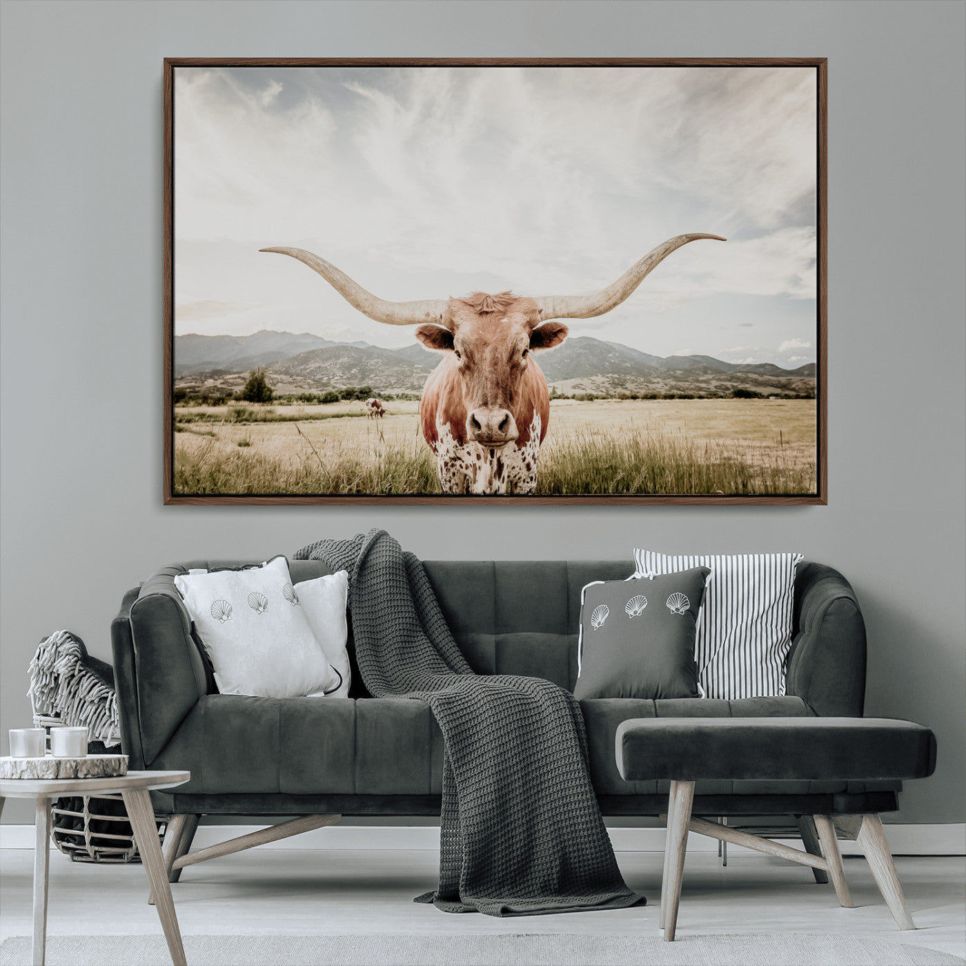 MGV-FC-36X24 - Texas Longhorn Wall Art Canvas Print, Framed Western Cow Art Picture Print, Rustic Farmhouse Perfect Farmhouse Decor Artwork